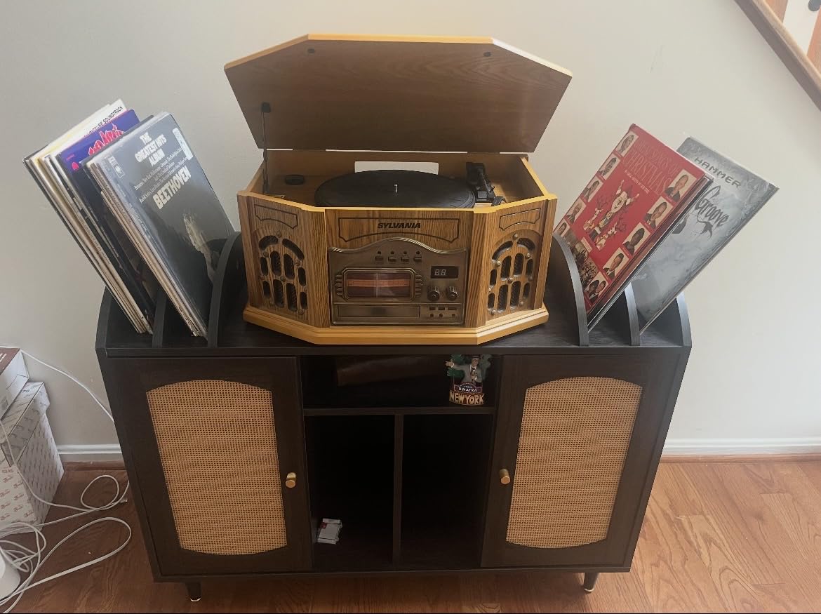 BELLEZE Mid-Century Record Player Stand, Rattan Vinyl Storage Cabinet for 350+ Albums, Turntable Table with Power Outlet, Media Console Music Station for Living Room, Office - Brown customer photo 1
