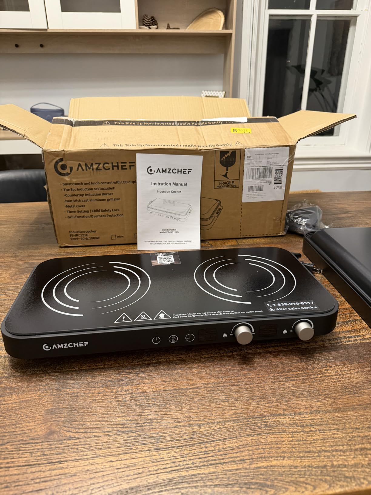 AMZCHEF Double Induction Cooktop, 1800W 2 Burner with Griddle Pan, Grey | non-stick removable griddle pan; ceramic glass surface; 2 independent cooking zones; 9 power levels; 99-min timer; child lock customer photo 1