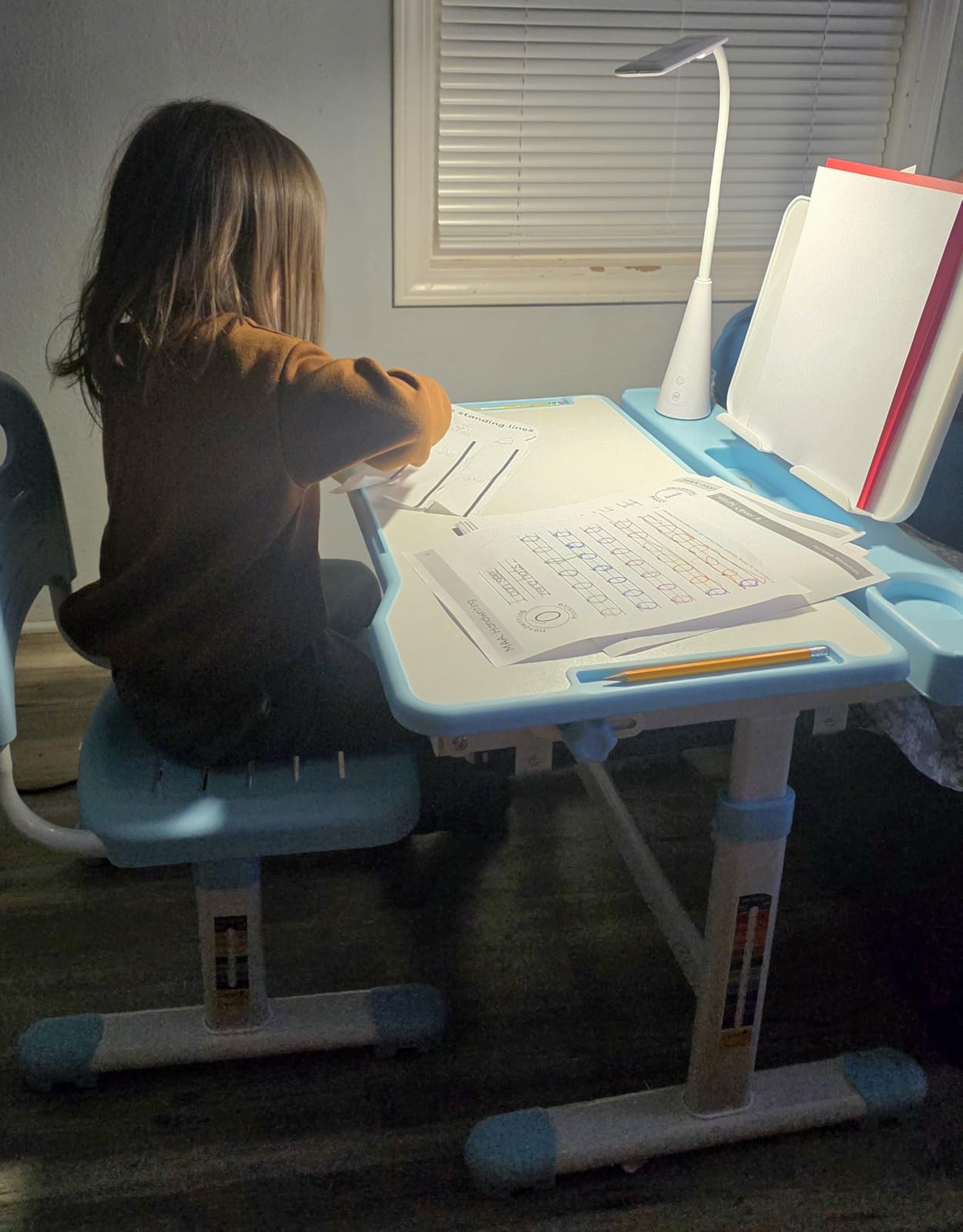 Rengue Kids Desk and Chair Set, Height Adjustable Children School Functional Study Desk with 55° Tiltable Desktop, 3 Modes & Brightness LED Light, Storage Drawer & Metal Hook for Boys Girls (Grey) customer photo 1