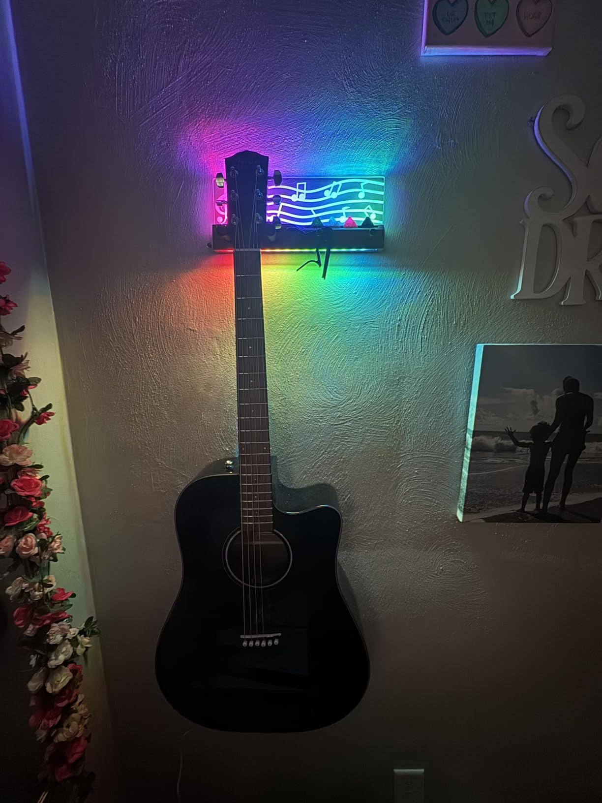 CoolGift Mart LED Guitar Wall Mount Stand with Picks Holder - Solid Wood & Acrylic USB-Powered customer photo 1