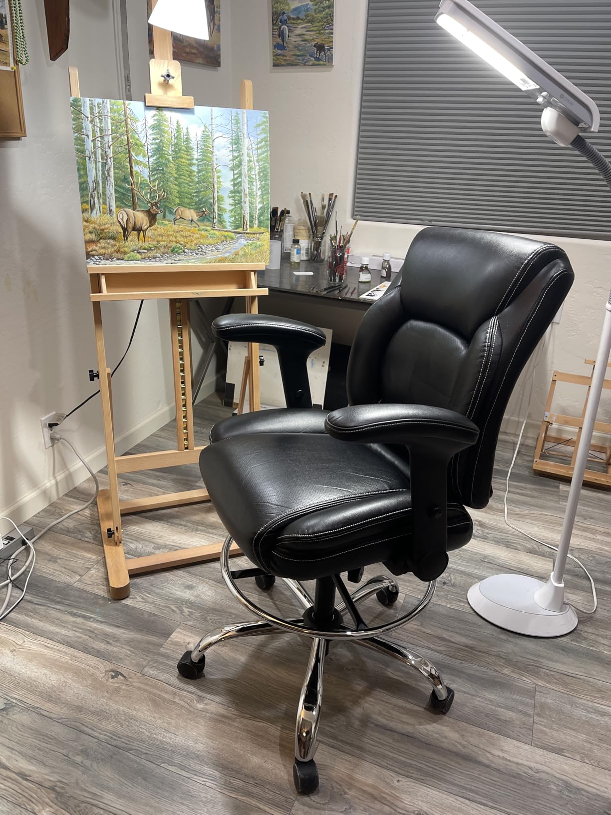 Ergonomic Mid-Back Premium Faux Leather Adjustable Drafting Chair with Multi-Function Arms and Foot Ring, Standing-Desk Matched Tall Swivel Computer Office Stool, Black customer photo 2