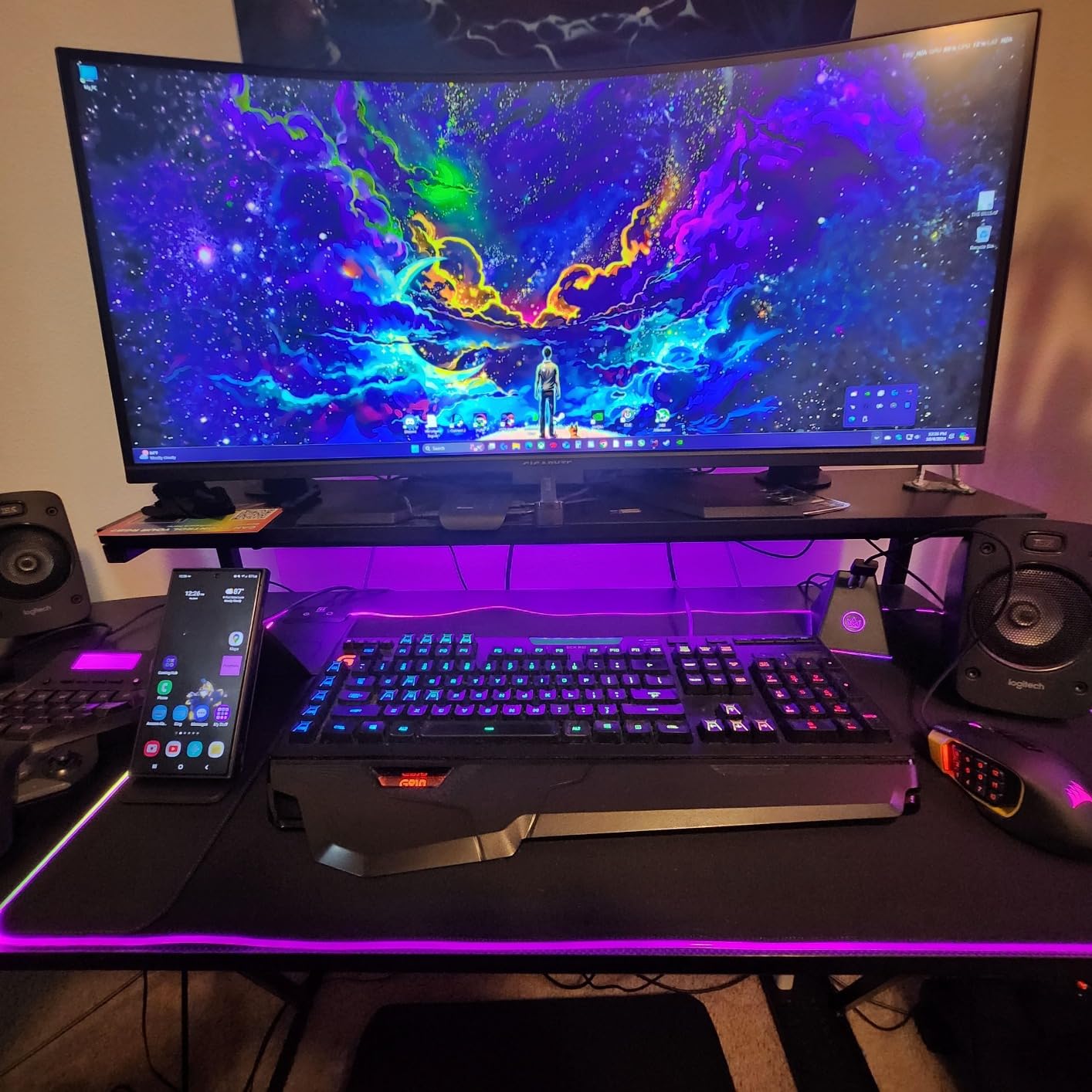 Wireless Charging Mouse Pad with Phone Stand, 31.5 x 15.8 in | Key-controlled lighting with multiple colors and effects; foldable viewing support; smooth cloth and stable rubber backing. customer photo 2