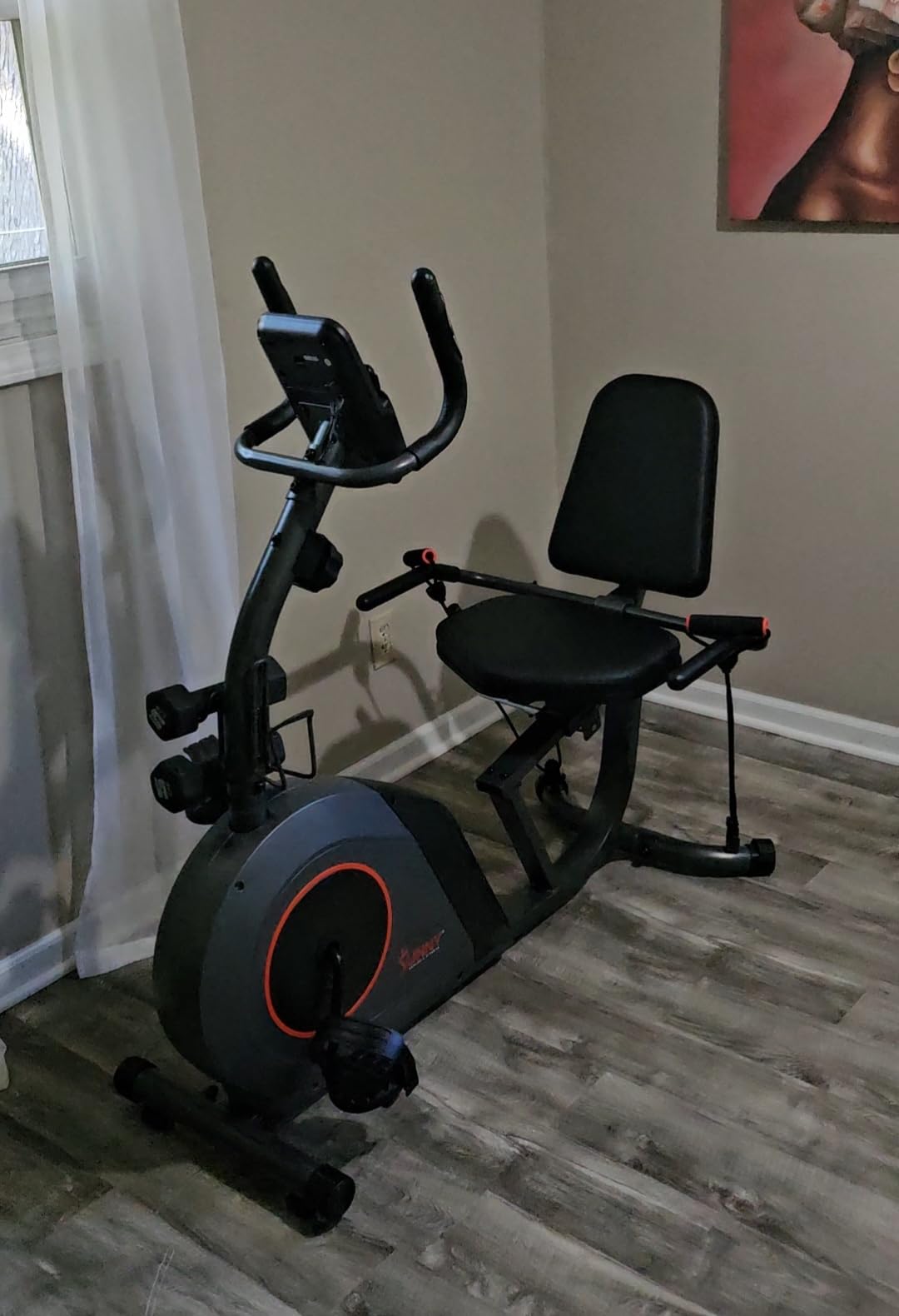 Sunny Health & Fitness Smart Recumbent Bike, Wide Cushioned Seat & Back, Indoor Cycling Machine for Adult/Seniors Home Exercise, Free SunnyFit App Connection customer photo 2