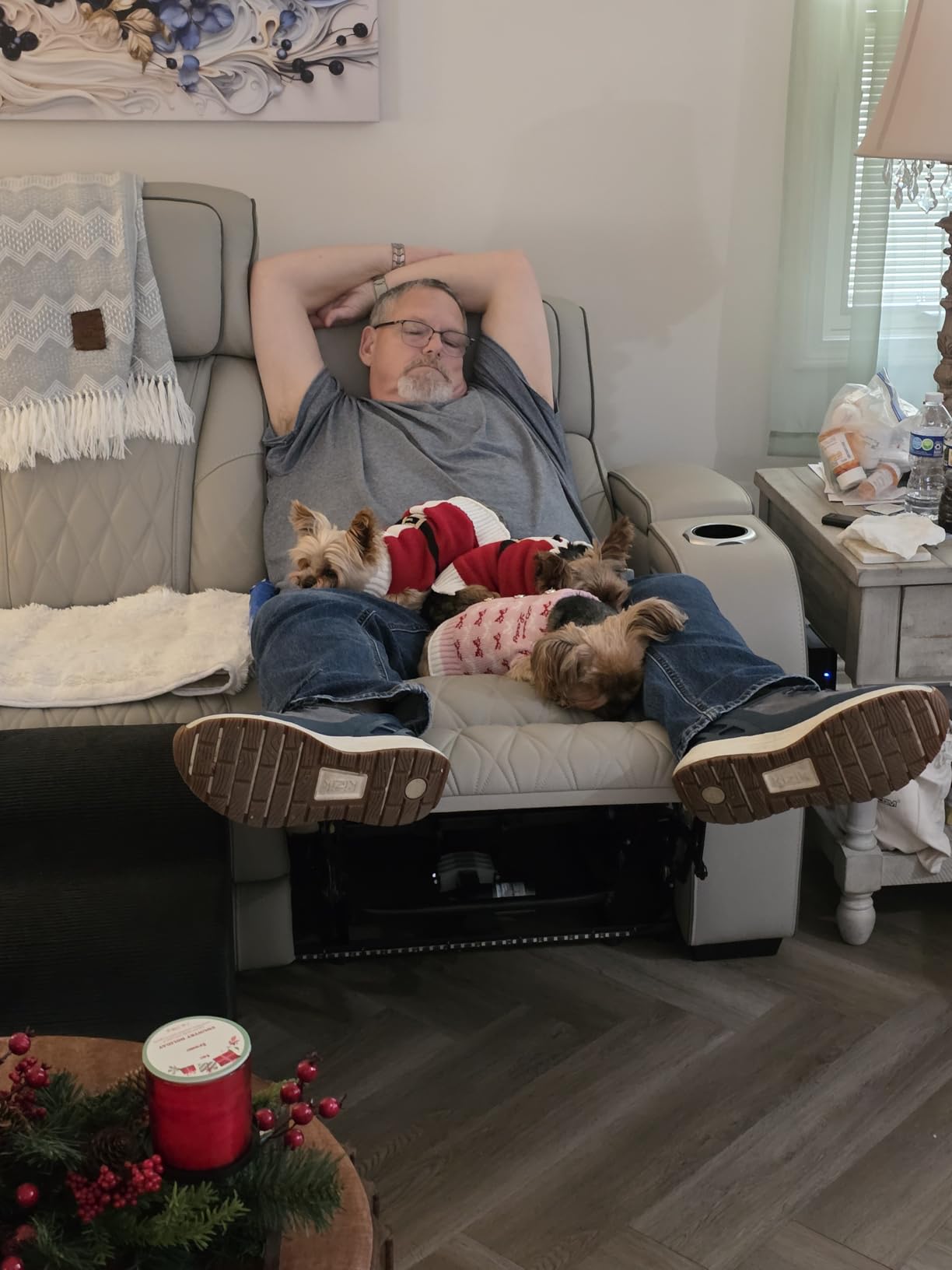 Signature Design by Ashley Boyington Zero Gravity Power Recliner, Gray | Leather match upholstery, Built-in air massage, Heated seat, Adjustable headrest, Dual cup holders, Home theater design customer photo 2