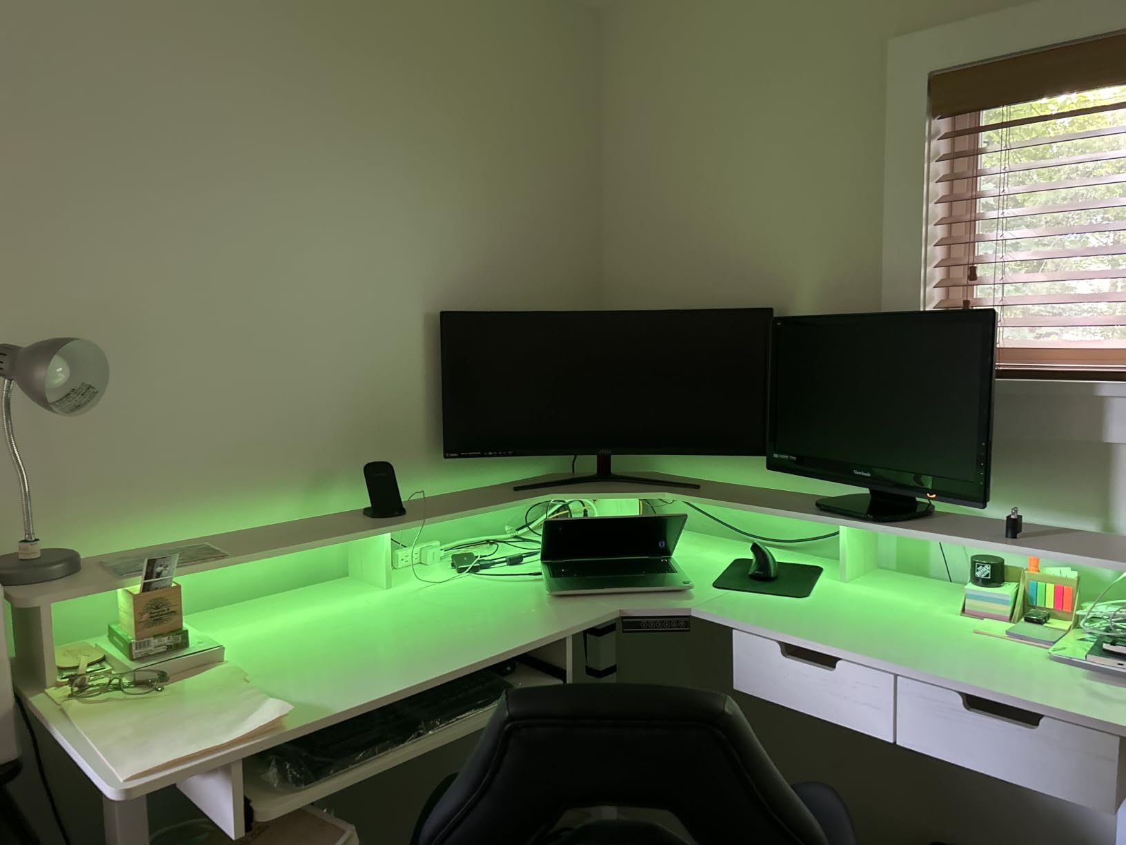 RedLemon 60 Inches L Shaped Electric Standing Desk, Dark Rustic Oak | Height Adjustable Corner Gaming Desk with Drawer, Keyboard Tray, Power Outlets & LED Lights, Computer Desk w/ Monitor Shelf customer photo 2
