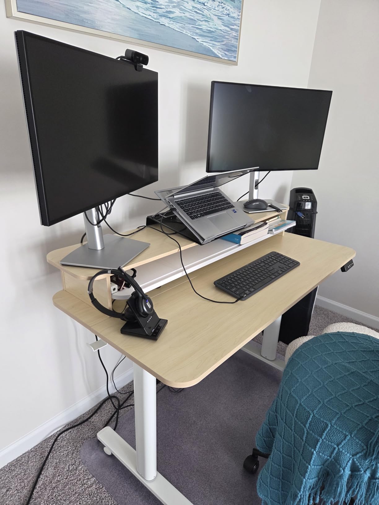 Flycity Electric Standing Desk with Dual Monitor Stand, Height Adjustable Desk Sit Stand Desk with Memory Controller, Casters & 2 Hooks, Low Noise Home Office Desk (Maple, 55