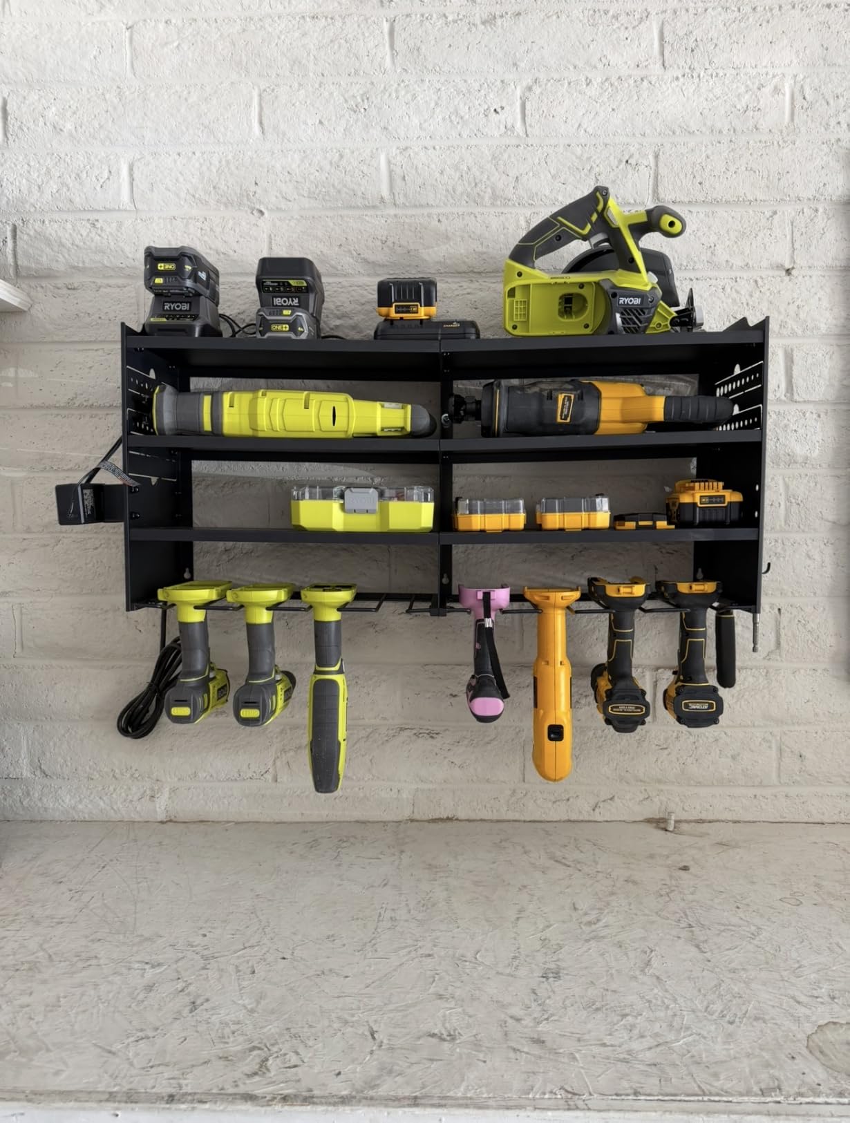 POKIPO Large Power Tool Organizer Wall Mount with Charging Station, 4 Layer Heavy Duty Metal Tool Storage Rack Loads 600lbs with 8 Cordless Drill Holder, Battery Utility Rack Loads with 4 Power Strip customer photo 1
