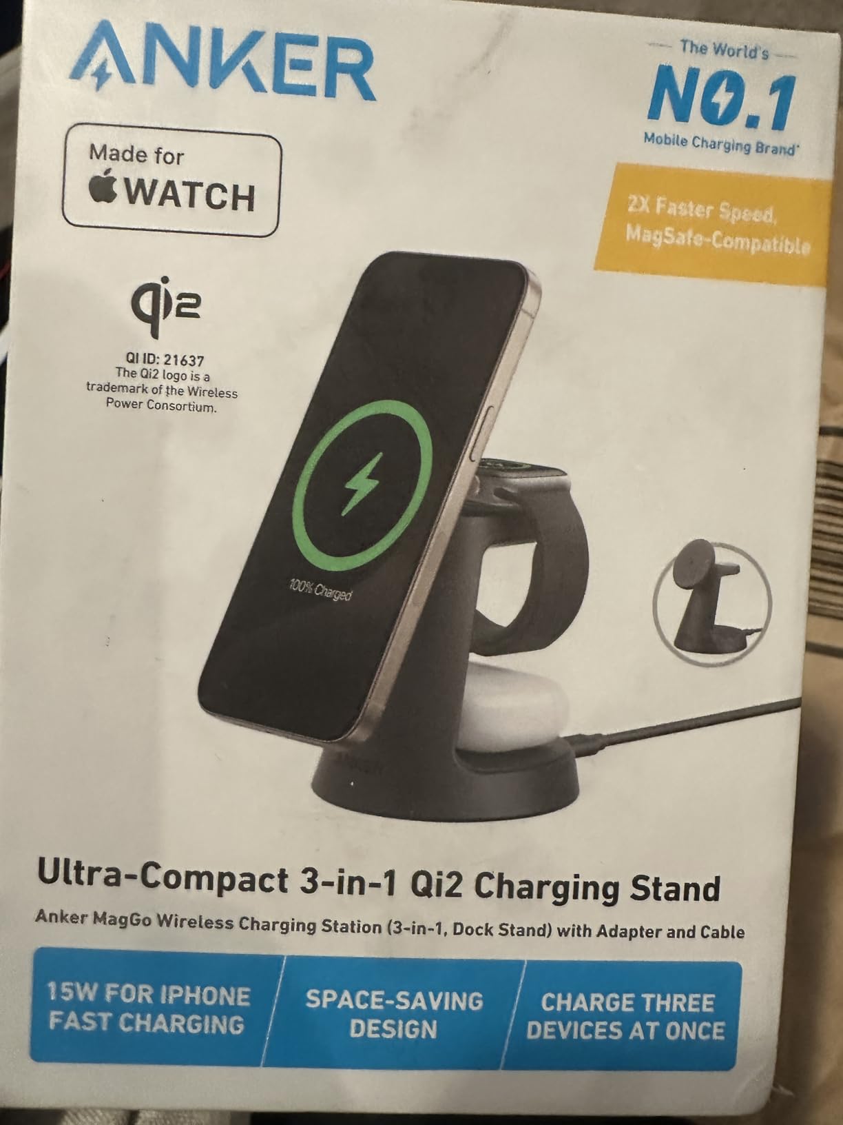 Anker MagSafe Charger Compatible, MagGo 3-in-1 Qi2 15W Charging Station | Wireless Charger, Magnetic Charging Stand for iPhone 17 / 16 / 15 Series, Apple Watch, AirPods, and More (Adapter Included) customer photo 2