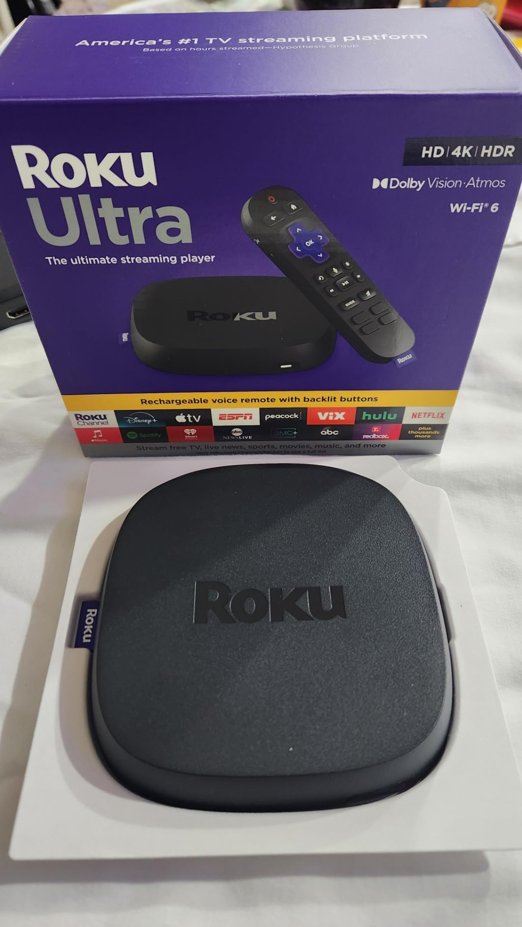 Roku Ultra, Ultimate Streaming Player - 4K Streaming Device for TV | HDR10+, Dolby Vision & Atmos - Bluetooth & Wi-Fi 6 - Rechargeable Voice Remote Pro with Backlit Buttons - Free & Live TV customer photo 2