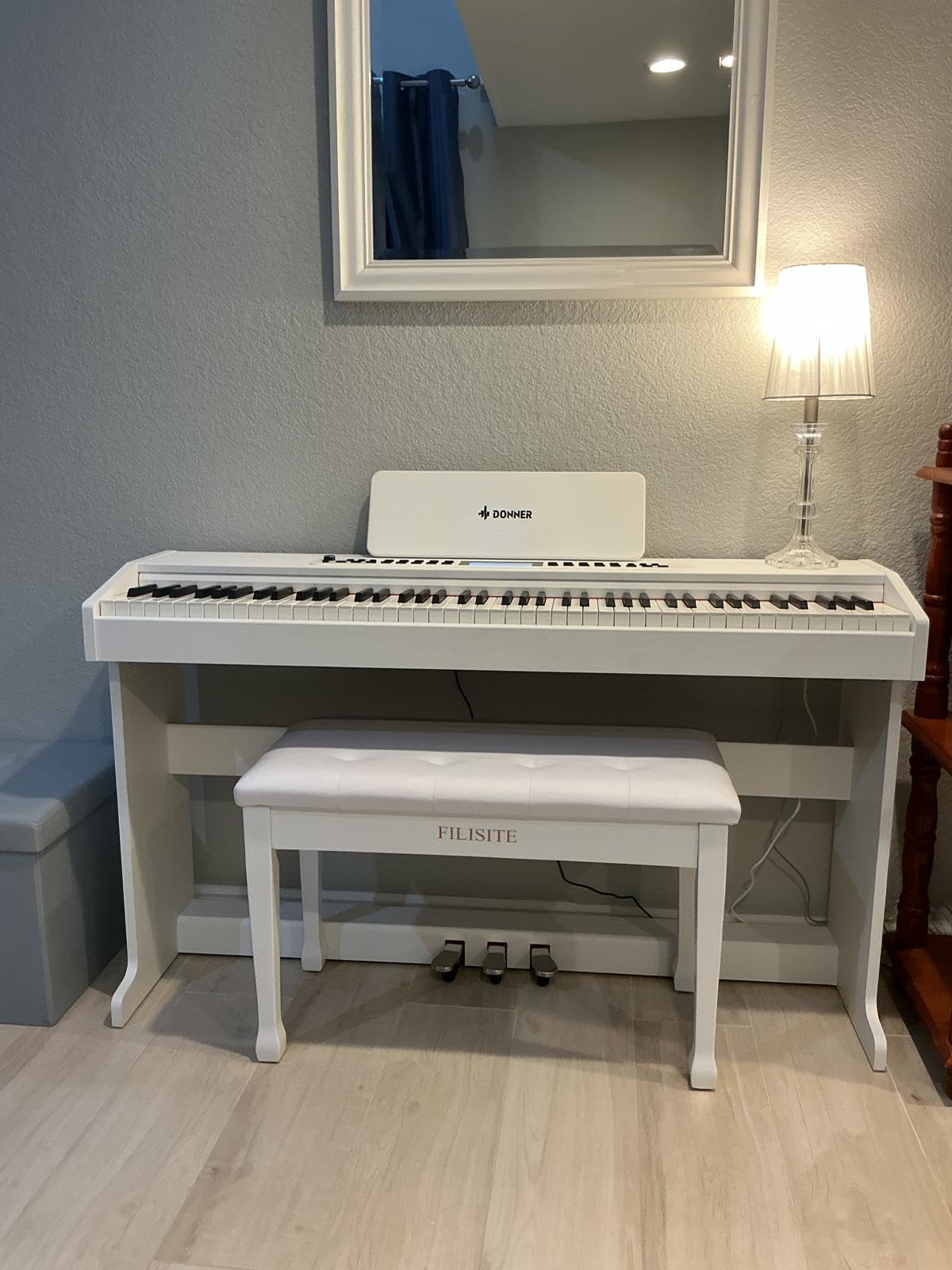 Duet Piano Bench with Storage, Wooden Piano Stool with Waterproof Padded Cushion, Bench Seat for Vanity, Living Room, Bedroom (Wood) customer photo 1