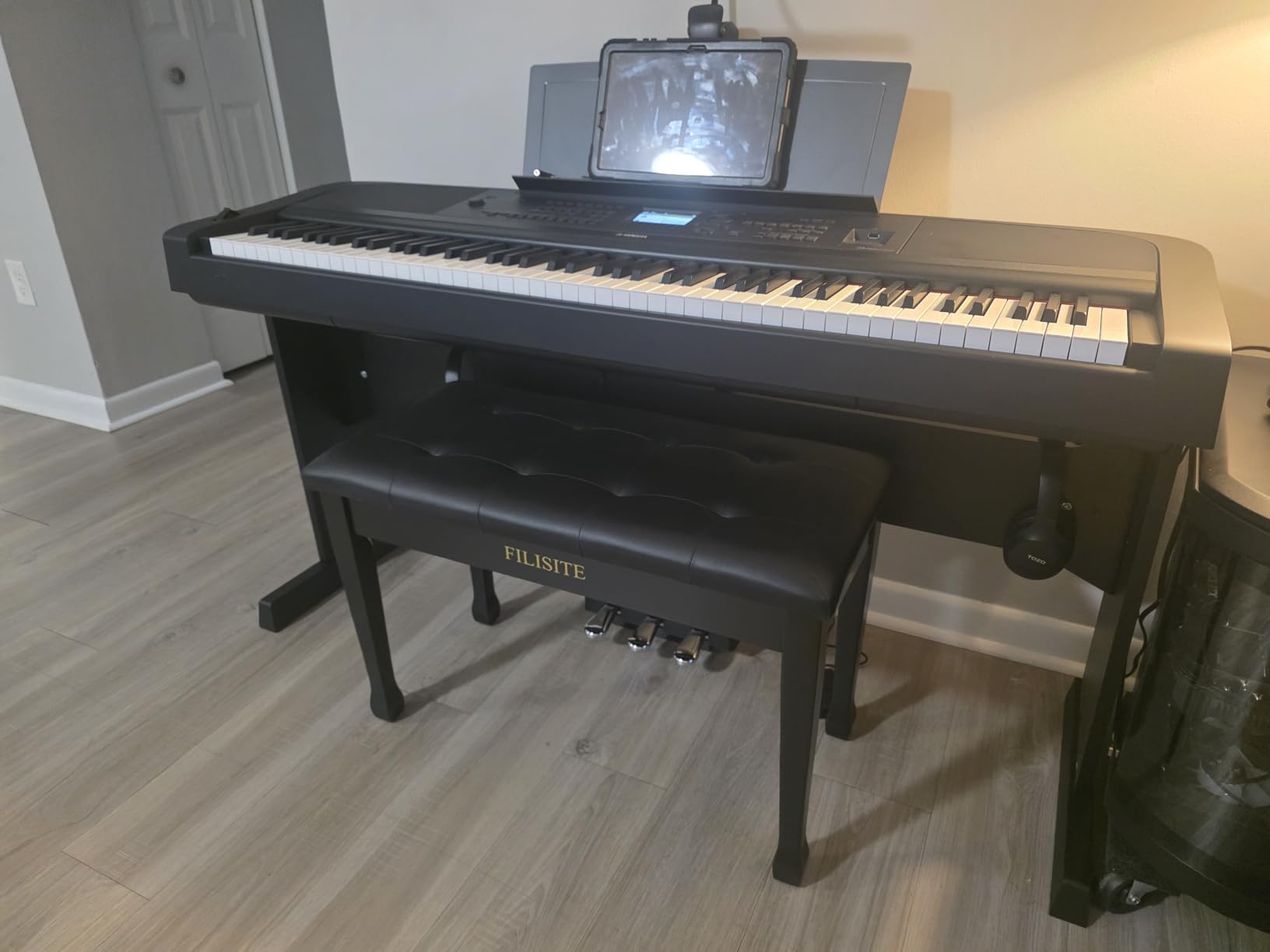 Duet Piano Bench with Storage, Wooden Piano Stool with Waterproof Padded Cushion, Bench Seat for Vanity, Living Room, Bedroom (Wood) customer photo 2