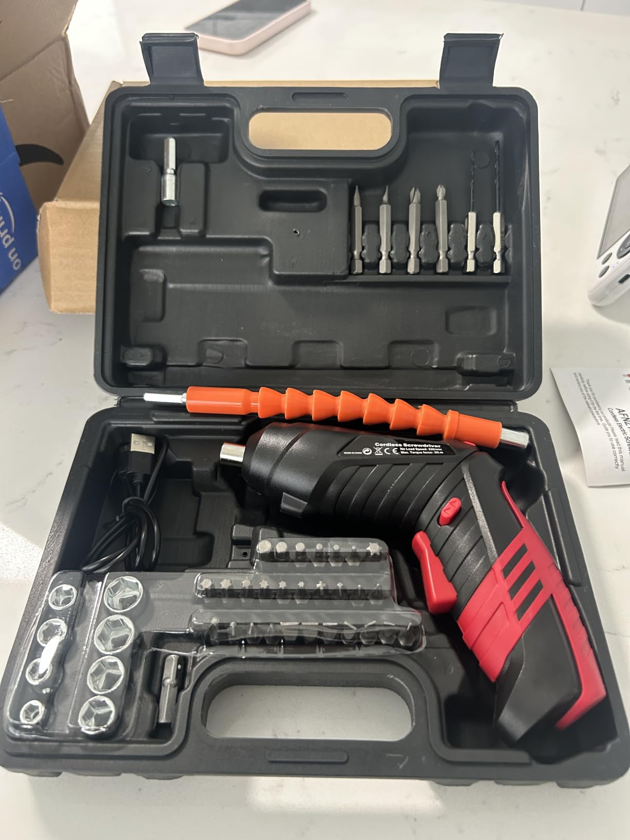 Cordless Power Screwdriver Electric Screwdriver Rechargeable Set, Battery Powered Screwdriver Kit Including 46pcs Bits, Pivoting Handle and LED Lights Small Drills Cordless (Red) customer photo 1