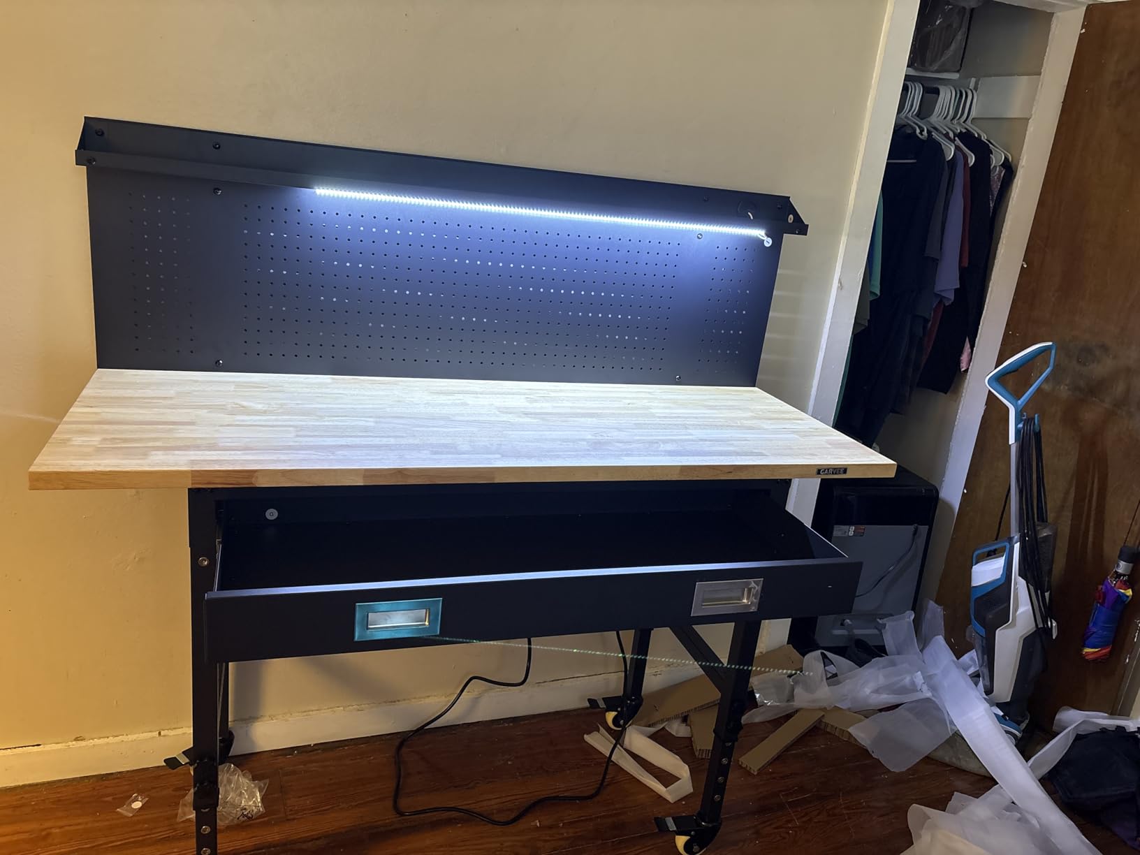 Workbench 48 x 24 Adjustable Height Worktable, 2000 LBS Load Capacity, Rubber Wood Top, Drawer, Pegboard, Power Outlets & Lockable Wheels customer photo 2
