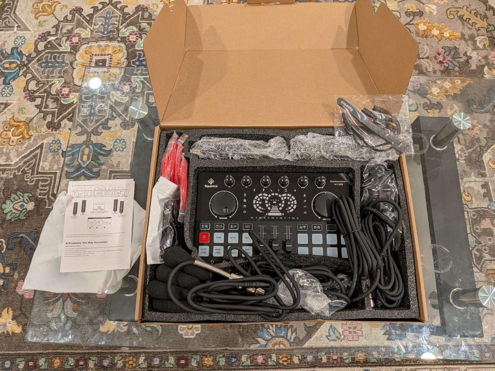 Podcast Equipment Bundle for 4, Audio Interface with 4 Dynamic Microphone, 4 Desktop Mic Stands, Voice Change, DJ Mixer for Vocal Recording Podcasting,Streaming,Singing TikTok, COMMANDER M100 3rd customer photo 2
