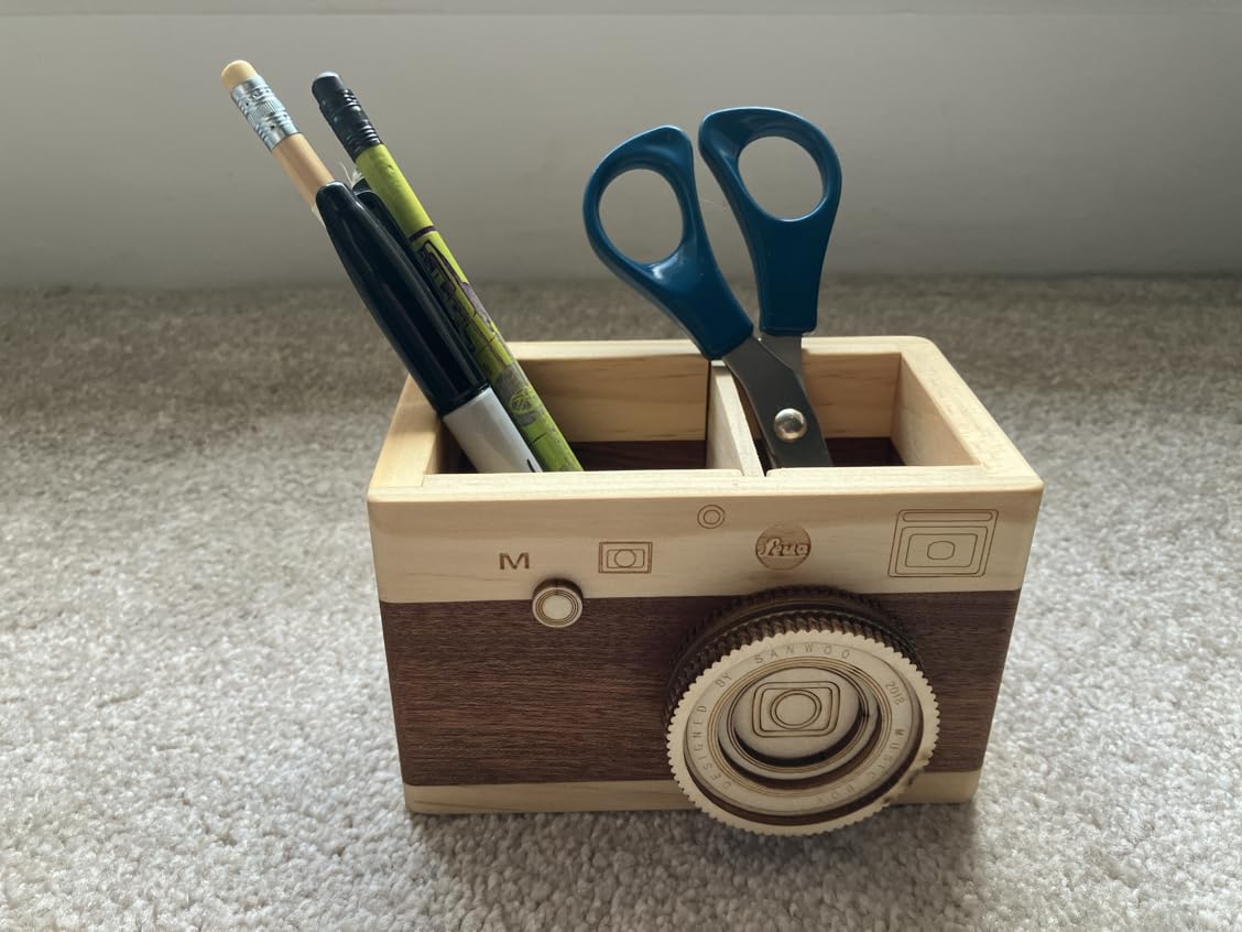 Vintage Wooden Camera Pencil Holder - Retro Desk Organizer for Pens & Stationery, Unique Photography Gift for Photographers, Creative Wooden Pen Holder for Office & Home Decor (Double slot) customer photo 1