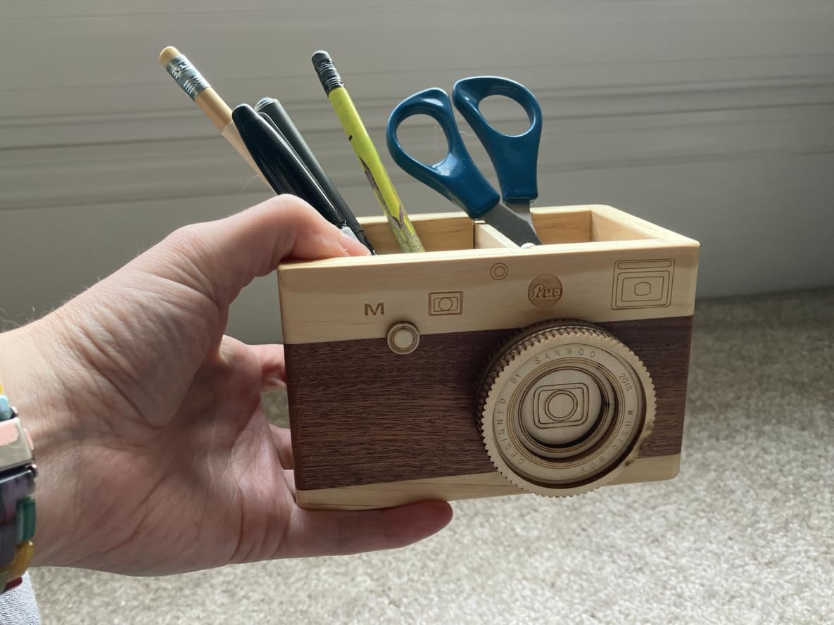 Vintage Wooden Camera Pencil Holder - Retro Desk Organizer for Pens & Stationery, Unique Photography Gift for Photographers, Creative Wooden Pen Holder for Office & Home Decor (Double slot) customer photo 2
