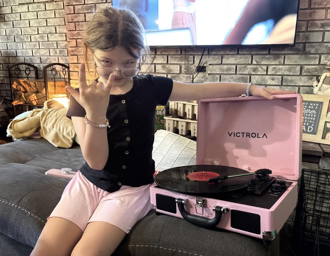 Victrola Journey II Bluetooth Suitcase Record Player - Turquoise | Built-in stereo speakers, 3-speed turntable, Bluetooth in and out customer photo 2