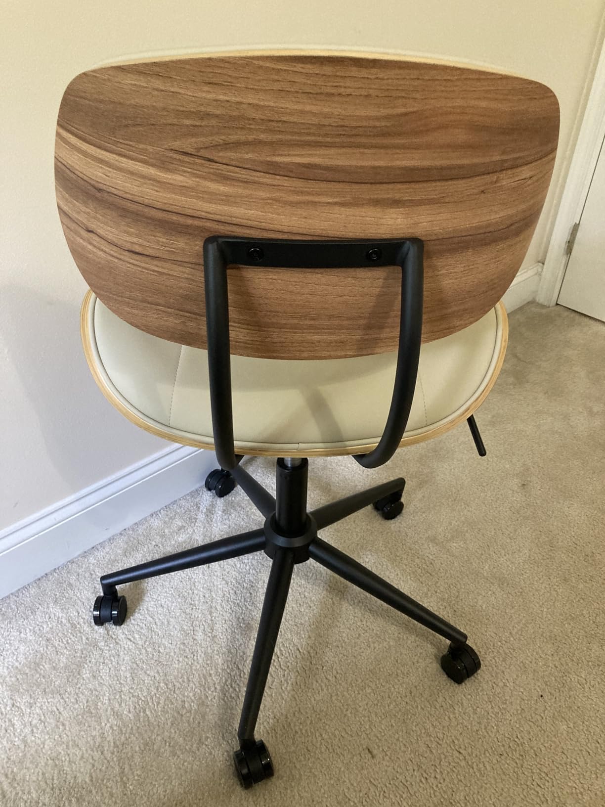 Armless Office Chair with Wheels, PU Leather Desk Chair, Adjustable Height Task Chair, 360 Degree Swivel Ergonomic Computer Chair for Small Space, Modern Walnut Style, Beige customer photo 1