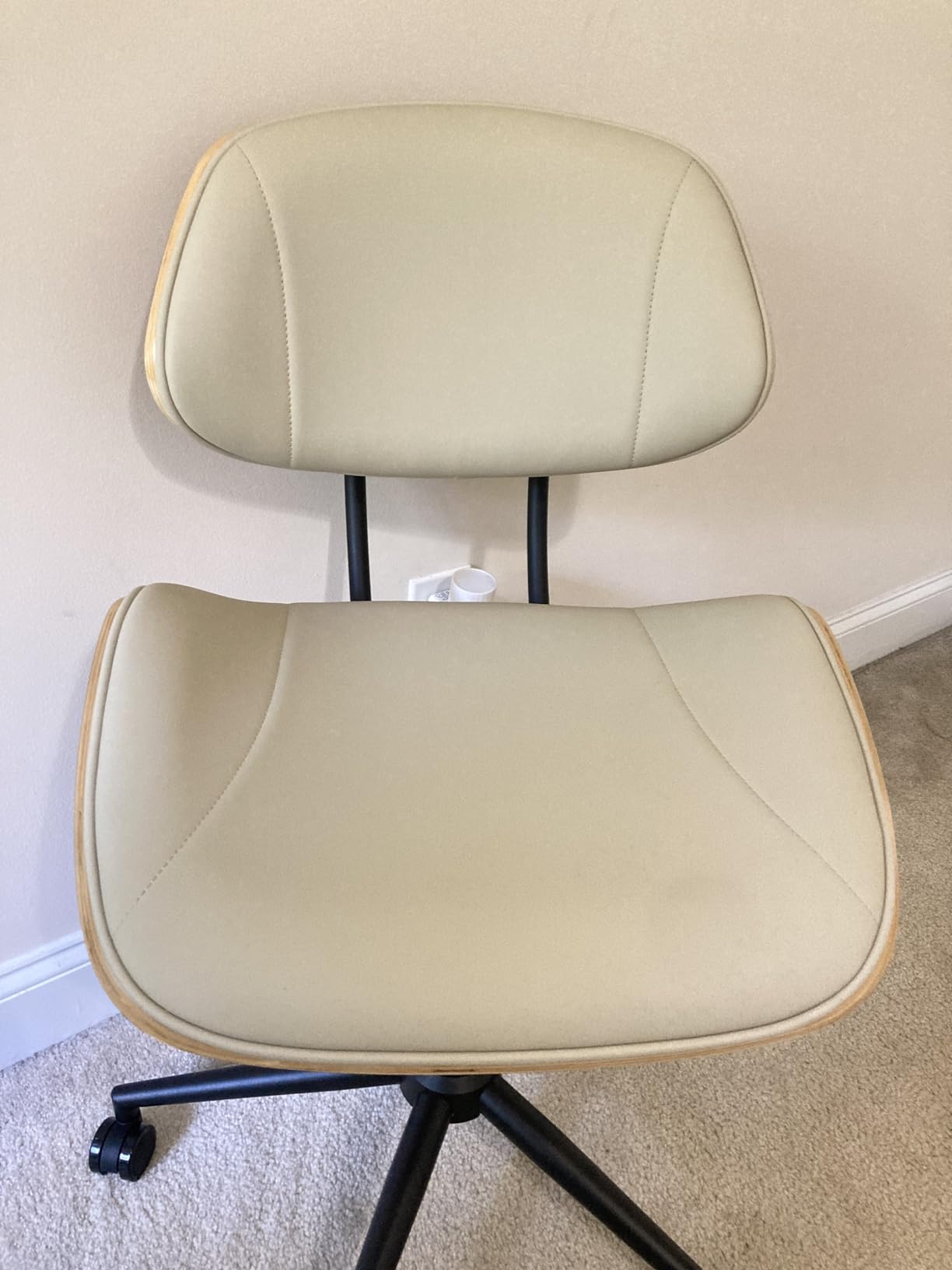 Armless Office Chair with Wheels, PU Leather Desk Chair, Adjustable Height Task Chair, 360 Degree Swivel Ergonomic Computer Chair for Small Space, Modern Walnut Style, Beige customer photo 2