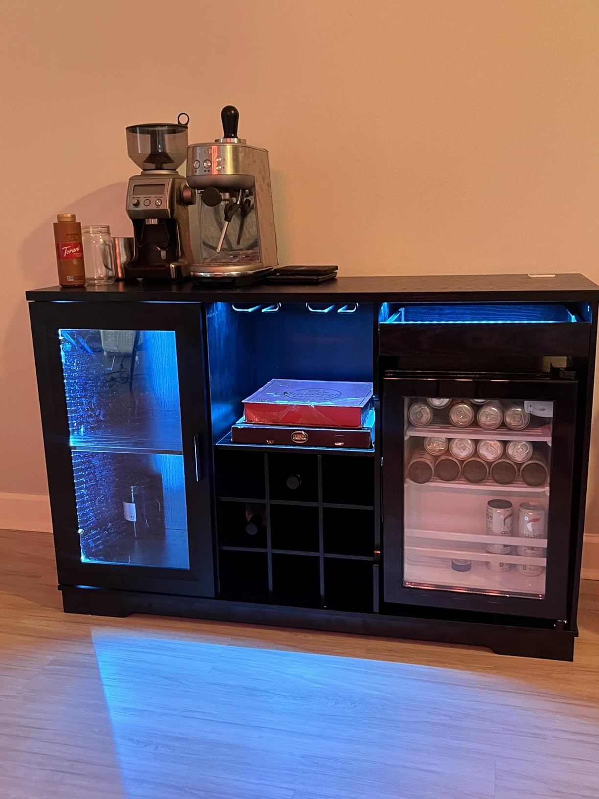 BROTTAR Large Coffee Bar Cabinet with Fridge (Fridge Included) | Liquor Wine Bar Cabinet with LED Lights, Glass Holder, Wine Rack, Human Body Sensor, Buffet Sideboard for Home, Black customer photo 1