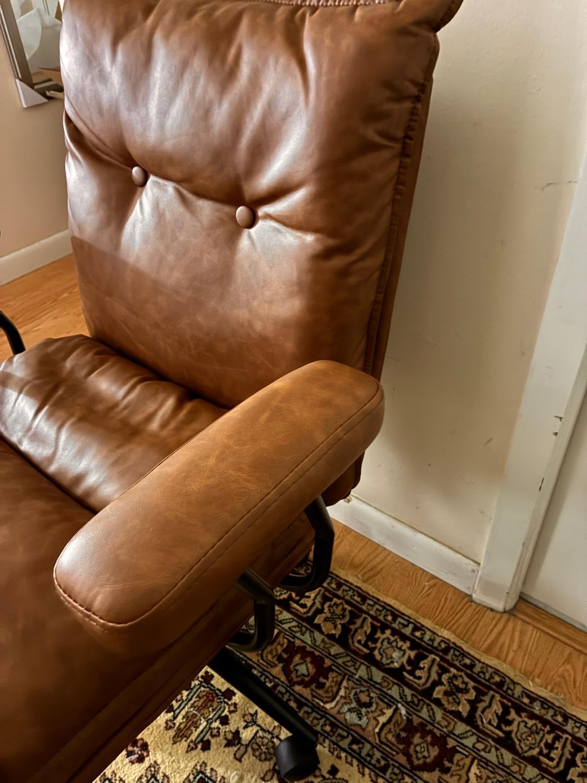Brown Leather Office Chair with Triple-Layer Seat, Home Desk Chair, 7.3-inch Thick Cushion, Mid Back Ergonomic Support, Smooth Silent Wheels, Mid-Century Vintage Style customer photo 1