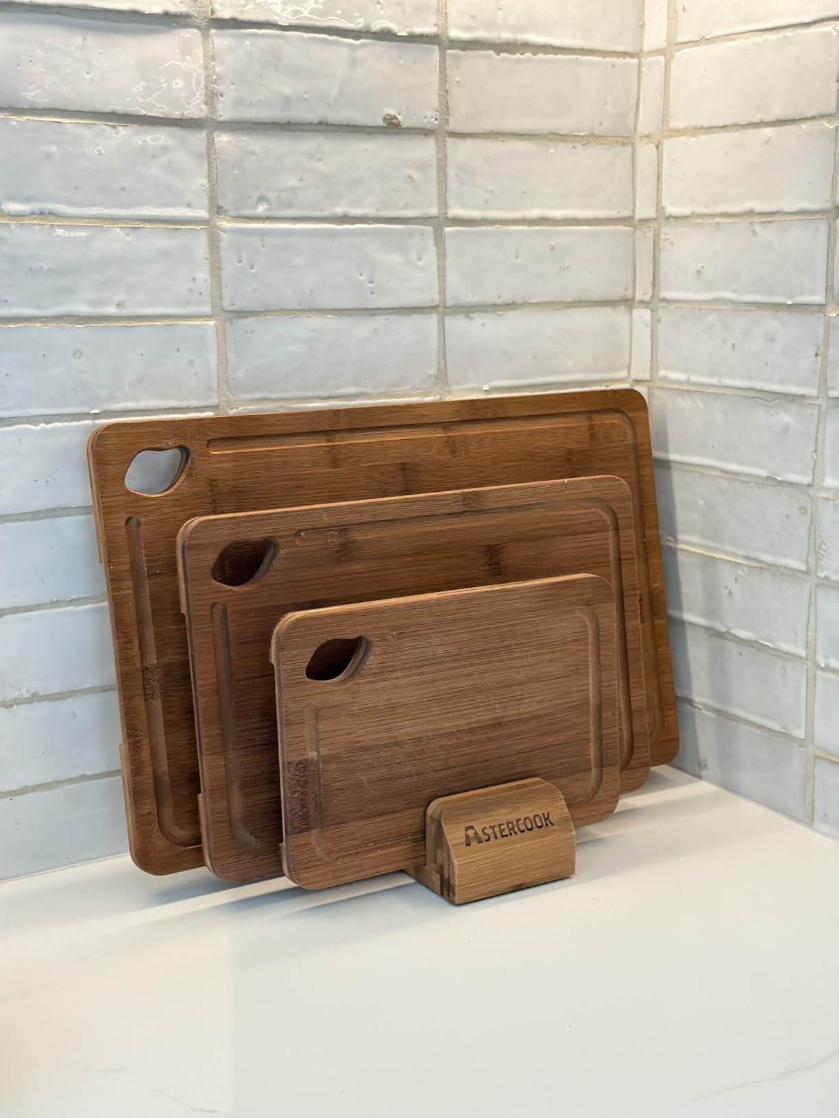 Astercook Deep-Carbonized Bamboo Cutting Boards with Wood Storage Stand customer photo 1