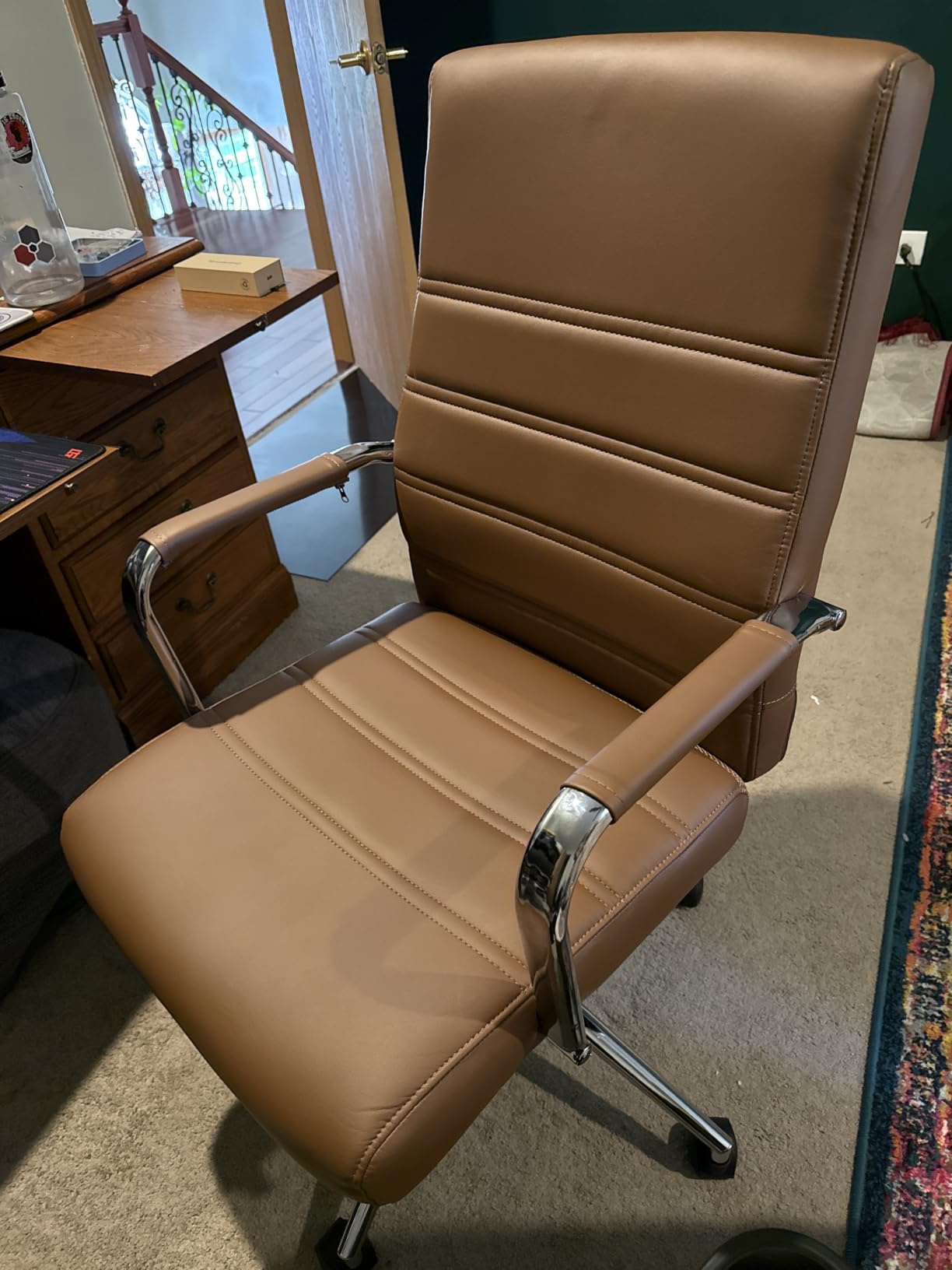 Office Desk Chair Leather, Conference Room Chairs with Wheels, Modern Executive Office Chairs Adjustable Height, Ergonomic Swivel Rolling Ribbed Computer Chair, Brown customer photo 2
