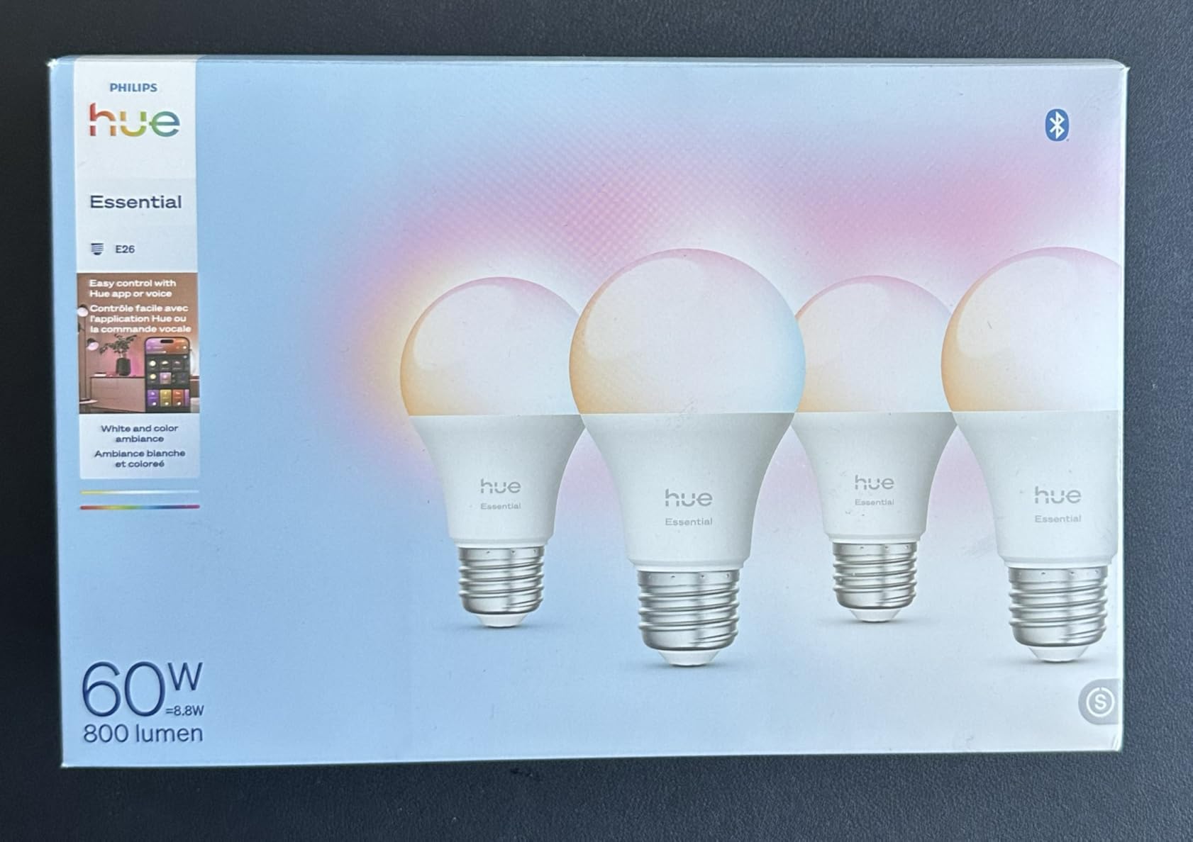 Philips Hue Essential Smart LED A19 Bulb, 4-Pack | White & Color Ambiance, E26, 7.2W, 2200K-6500K, 800 Lumens, Dimmable, Works with Alexa, Google Assistant, Apple Home customer photo 2