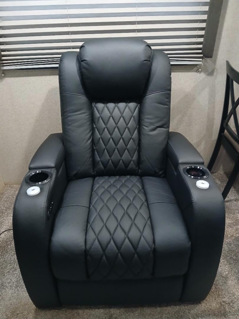 PBRO Home Theater Seating Top Grain Leather Recliner Chair, Movie Theater Chair Sofa with Power Reclining & Headrest USB Charger Ports Ambient Lighting, Black Single Seat for Home customer photo 1
