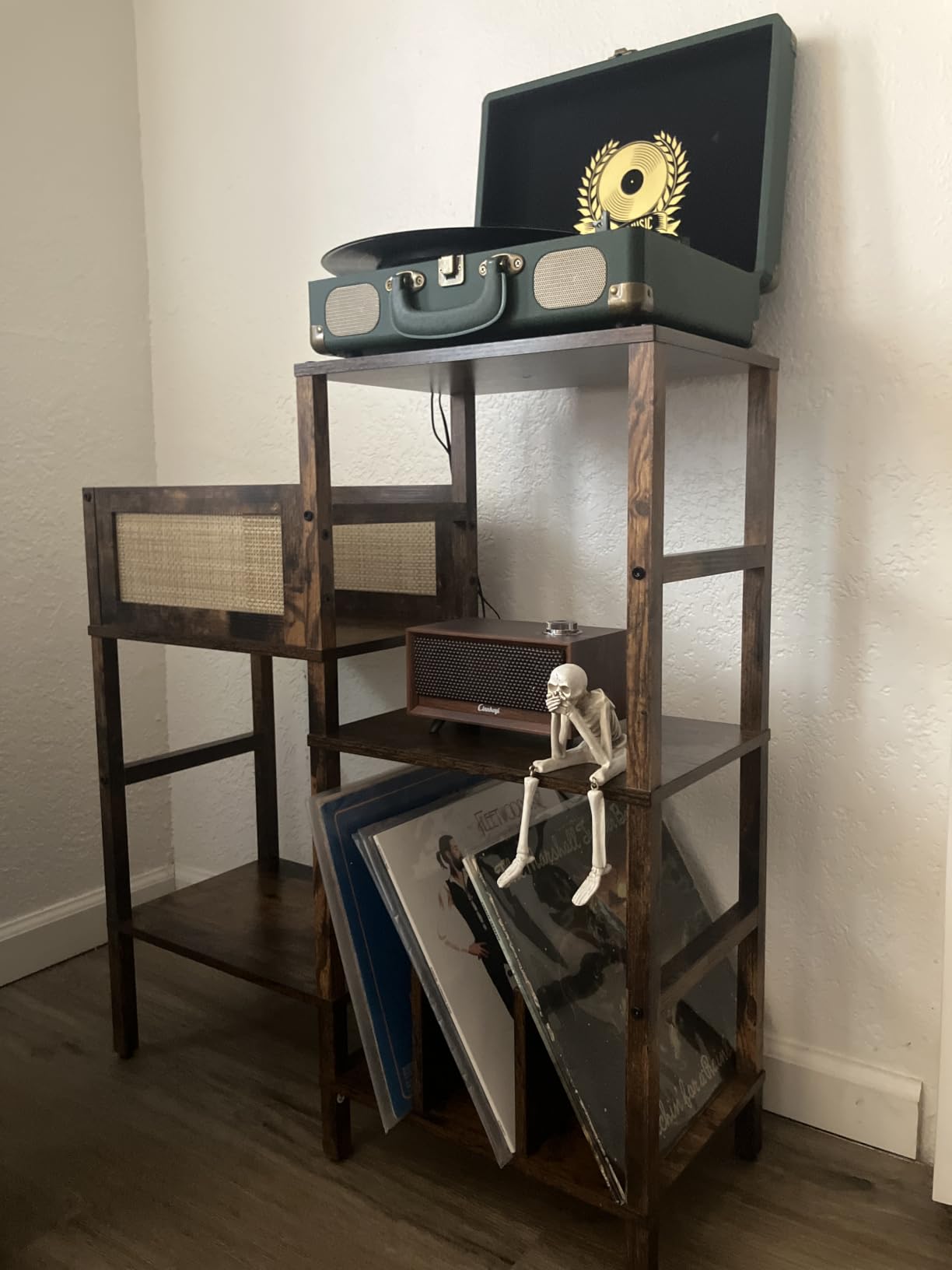 Record Player Stand, Brown Wood Record Holder with Vinyl Storage Holds up to 300+ Albums, 3-Tier Rattan Media Table with Vinyl Display Shelf, Record Storage Cabinet for Living Room customer photo 2