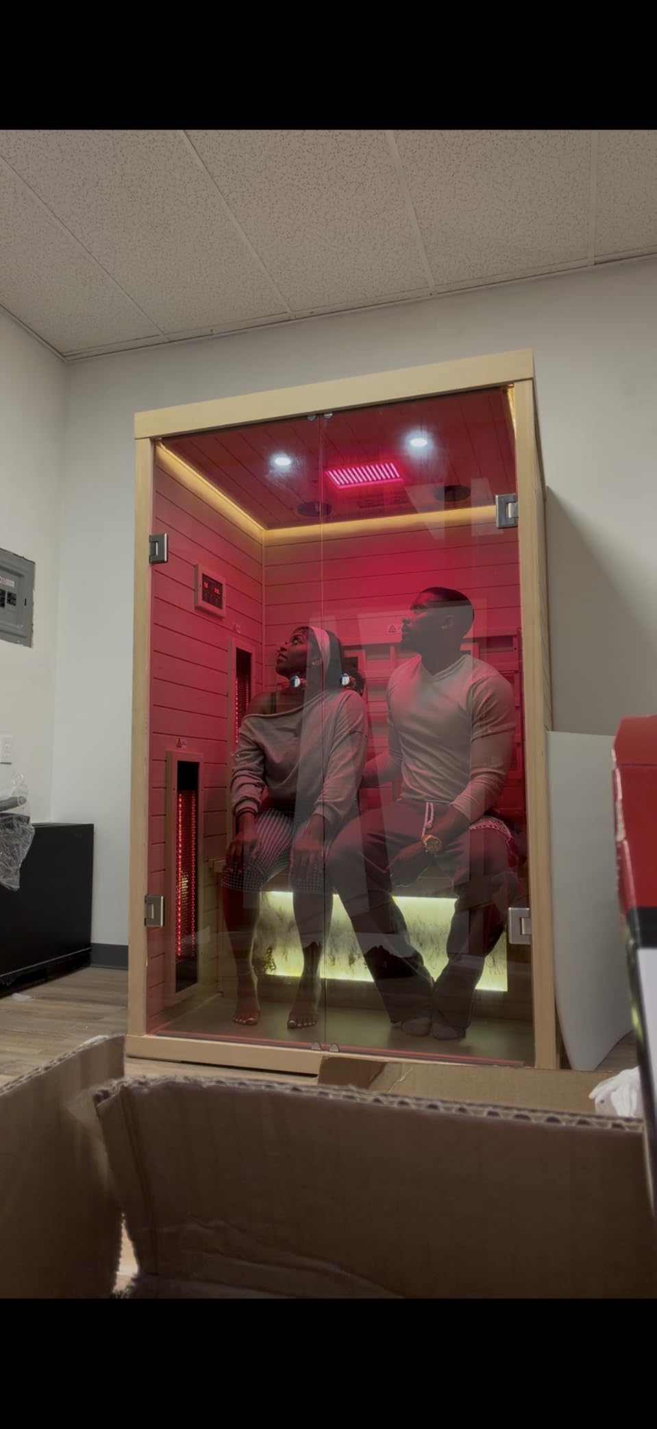 Outdoor Sauna 2 Person Low EMF Ceramic Infrared Saunas for Home | Mahogany Wood Home Sauna Room 2 Person Infrared Home Sauna with Bluetooth Speakers, LED Reading Lamps, Chromotherapy Lights customer photo 2