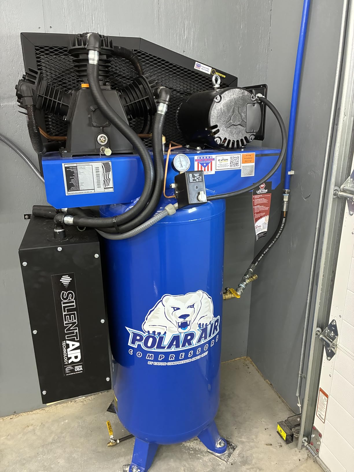 Industrial 3-Cylinder Silent Air Compressor, 5HP 60Gal 19CFM 230V, Vertical 2-Stage, Single Phase, Splash Lube Pump & Isolator Pads, Assembled in the USA customer photo 2