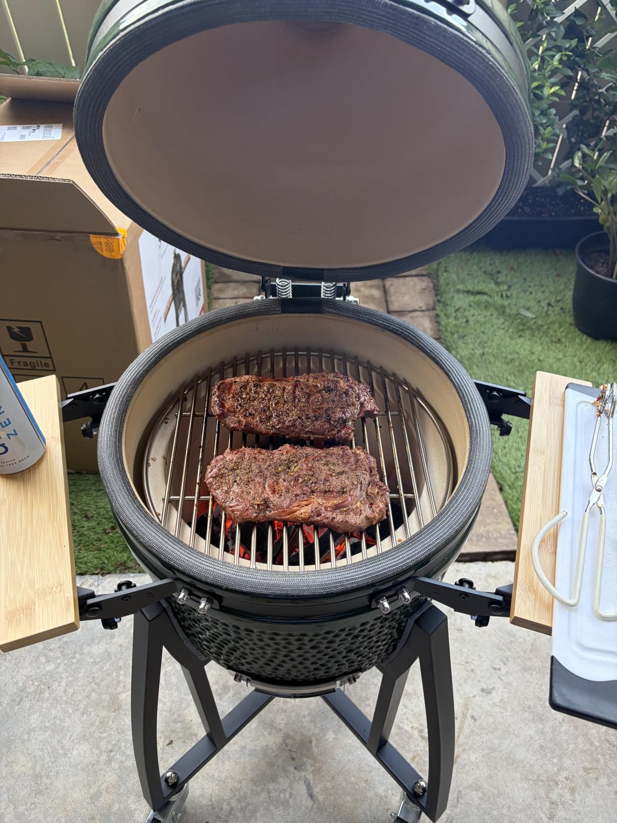 London Sunshine 15-inch Ceramic Kamado Charcoal BBQ Grill & Smoker with Locking Casters, Foldable Side Shelves, Stainless Steel Grates, and Tall Stand (Orange) customer photo 1