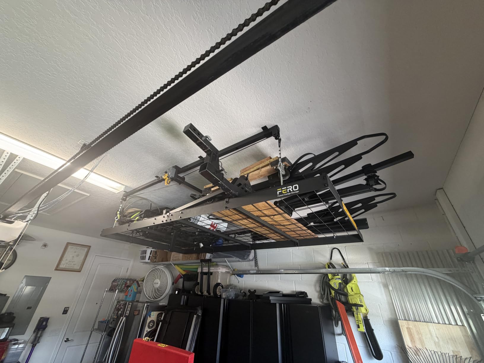 FERO Overhead Garage Storage Rack 4x8, 500 lb Heavy-Duty Capacity | Garage Ceiling Storage Racks with Safety Lock, Drop Down Overhead Storage System, Ceiling lift Organizer customer photo 1