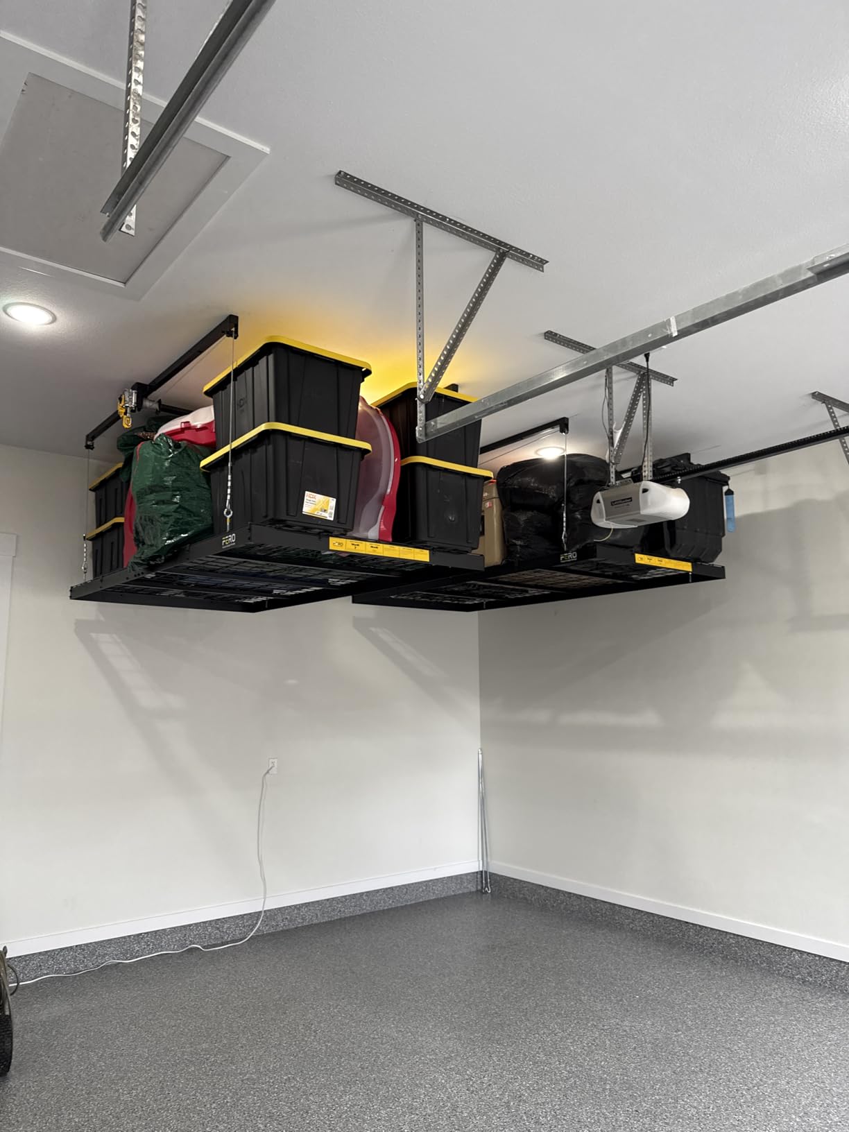 FERO Overhead Garage Storage Rack 4x8, 500 lb Heavy-Duty Capacity | Garage Ceiling Storage Racks with Safety Lock, Drop Down Overhead Storage System, Ceiling lift Organizer customer photo 2