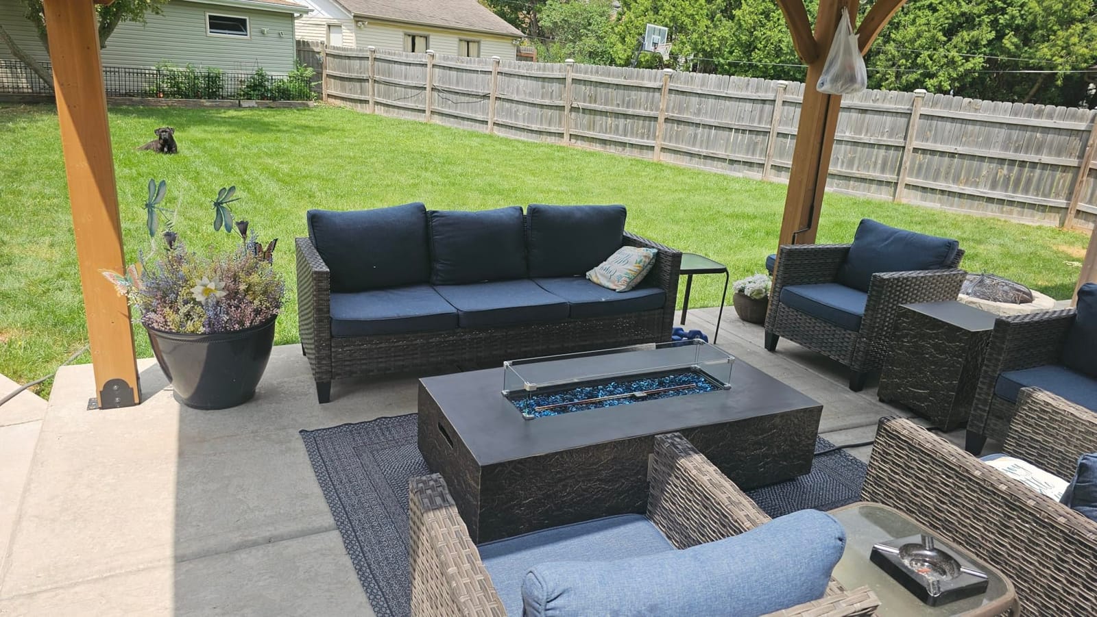 UPHA 42-inch Outdoor Propane Gas Fire Pit Table, Beige | Patio Round Concrete firepit Including Propane Tank Cover, Wind Guard, Blue Glass Rocks, Rain Cover customer photo 2