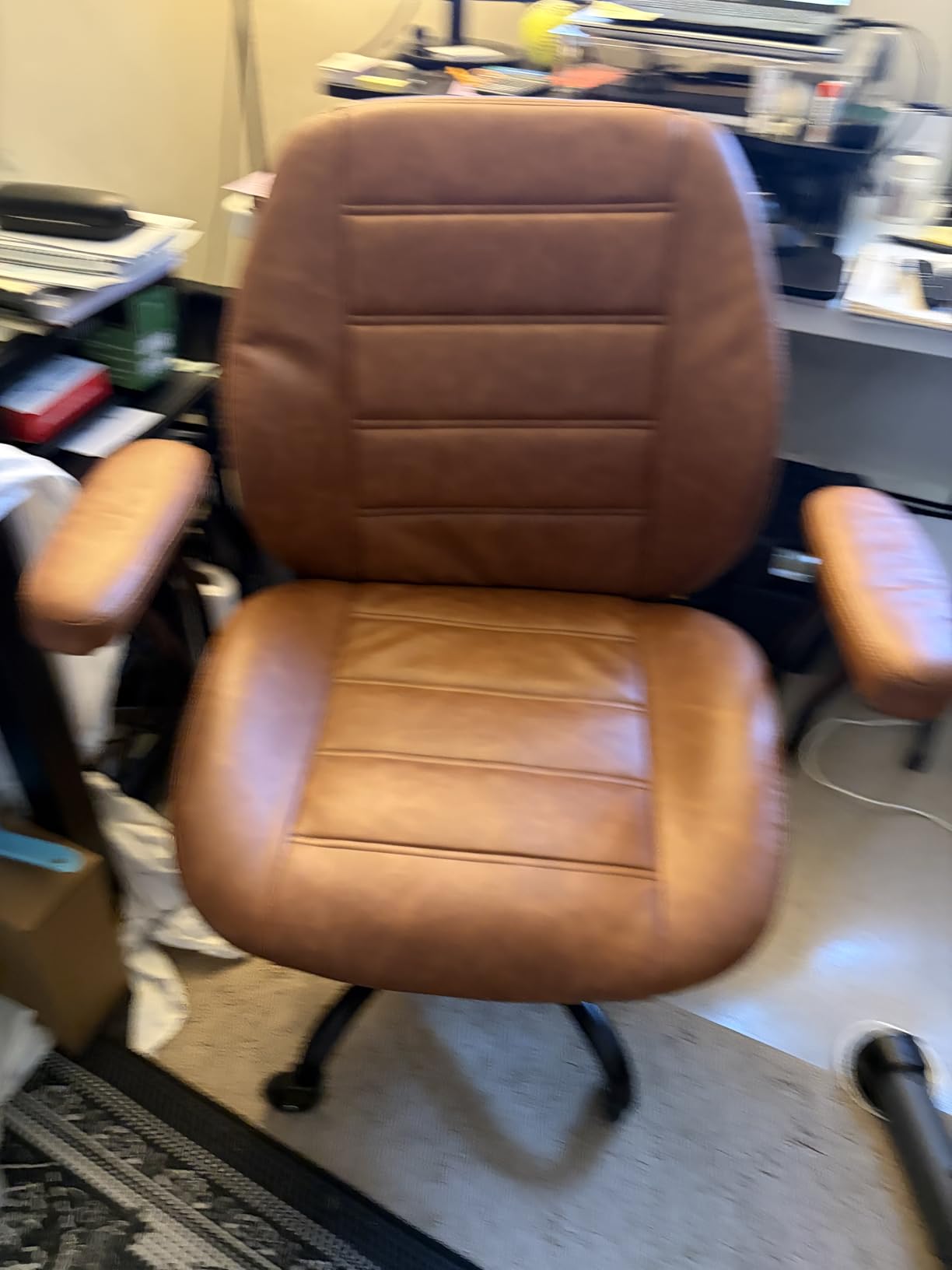 Brown Leather Office Chair with Quiet Rubber Wheels | Lumbar Support & Removable Arms, High-Density Foam Seat for All-Day Comfort, 360 Degree Swivel Home Desk Chair UXBBY002Z customer photo 2