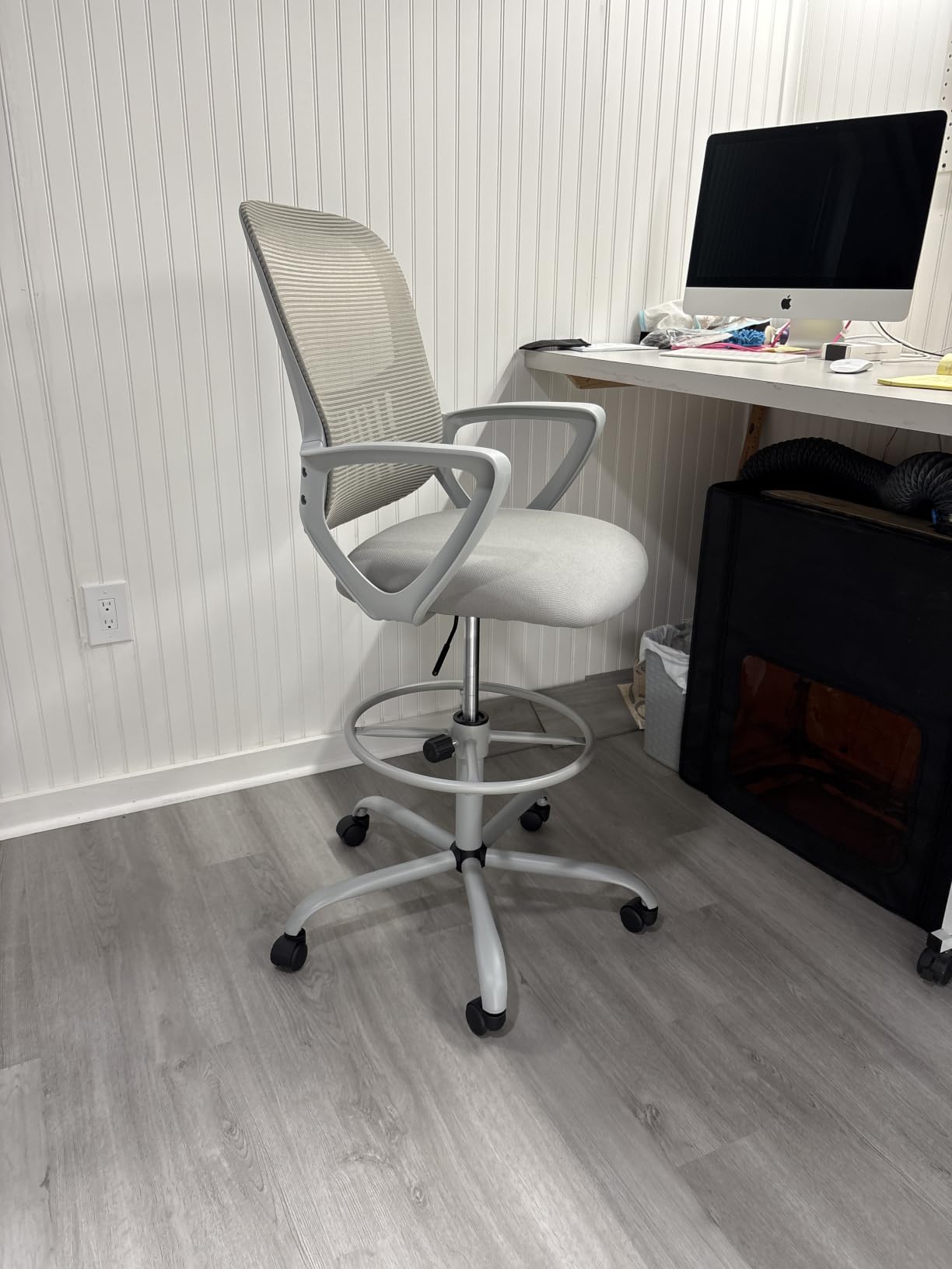 Sweetcrispy Tall Drafting Chair, High Office Desk Chair with Footrest | Comfy Lumbar Support, Counter Height Adjustable, Flip-up Arm, 360 Computer Rolling Stool, Black customer photo 1