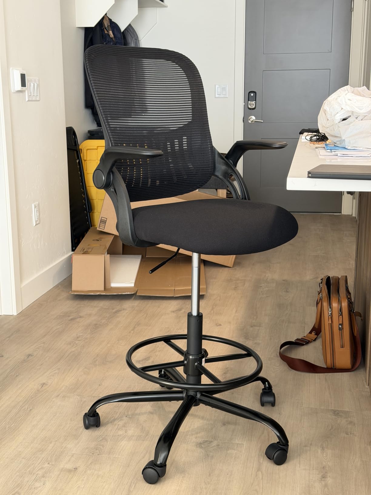 Sweetcrispy Tall Drafting Chair, High Office Desk Chair with Footrest | Comfy Lumbar Support, Counter Height Adjustable, Flip-up Arm, 360 Computer Rolling Stool, Black customer photo 2
