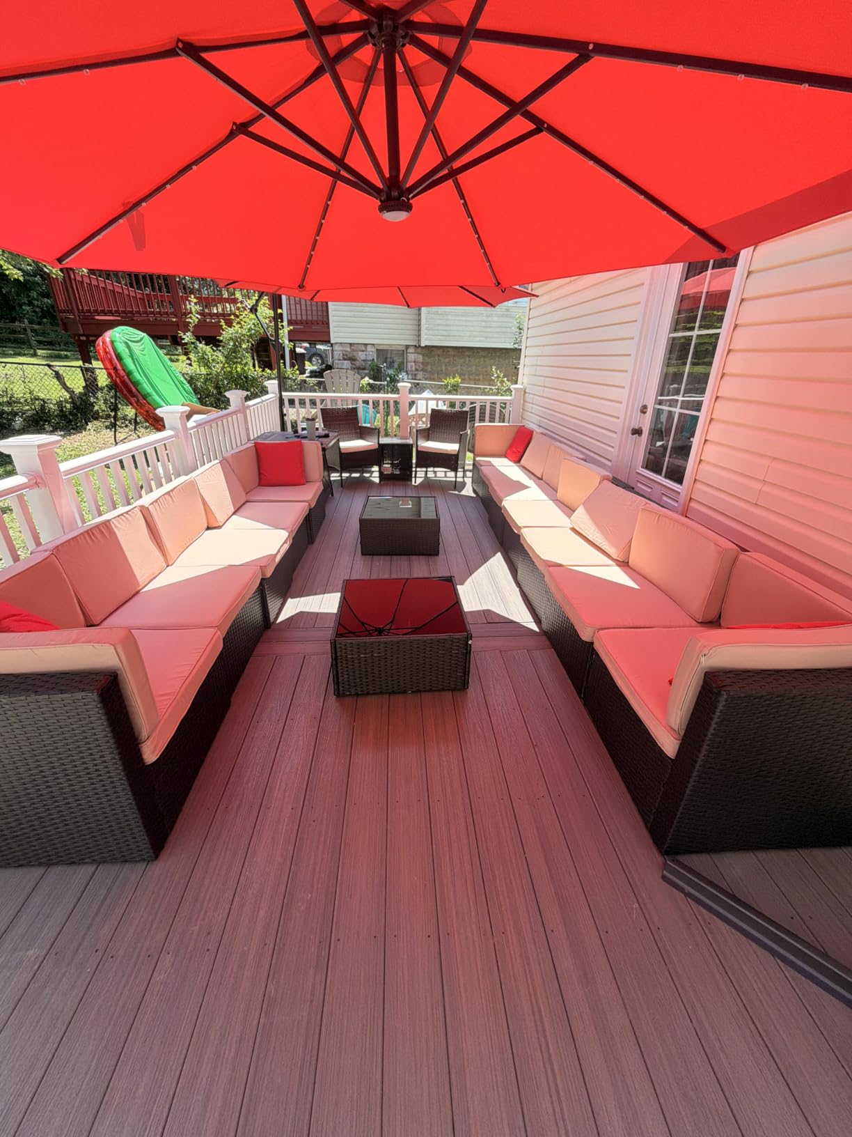 Shintenchi 7 Pieces Patio Furniture Sets Outdoor All-Weather Sectional Patio Sofa Set PE Rattan Manual Weaving Wicker Patio Conversation Set with Glass Table&Ottoman Cushion and Red Pillows, Beige customer photo 2
