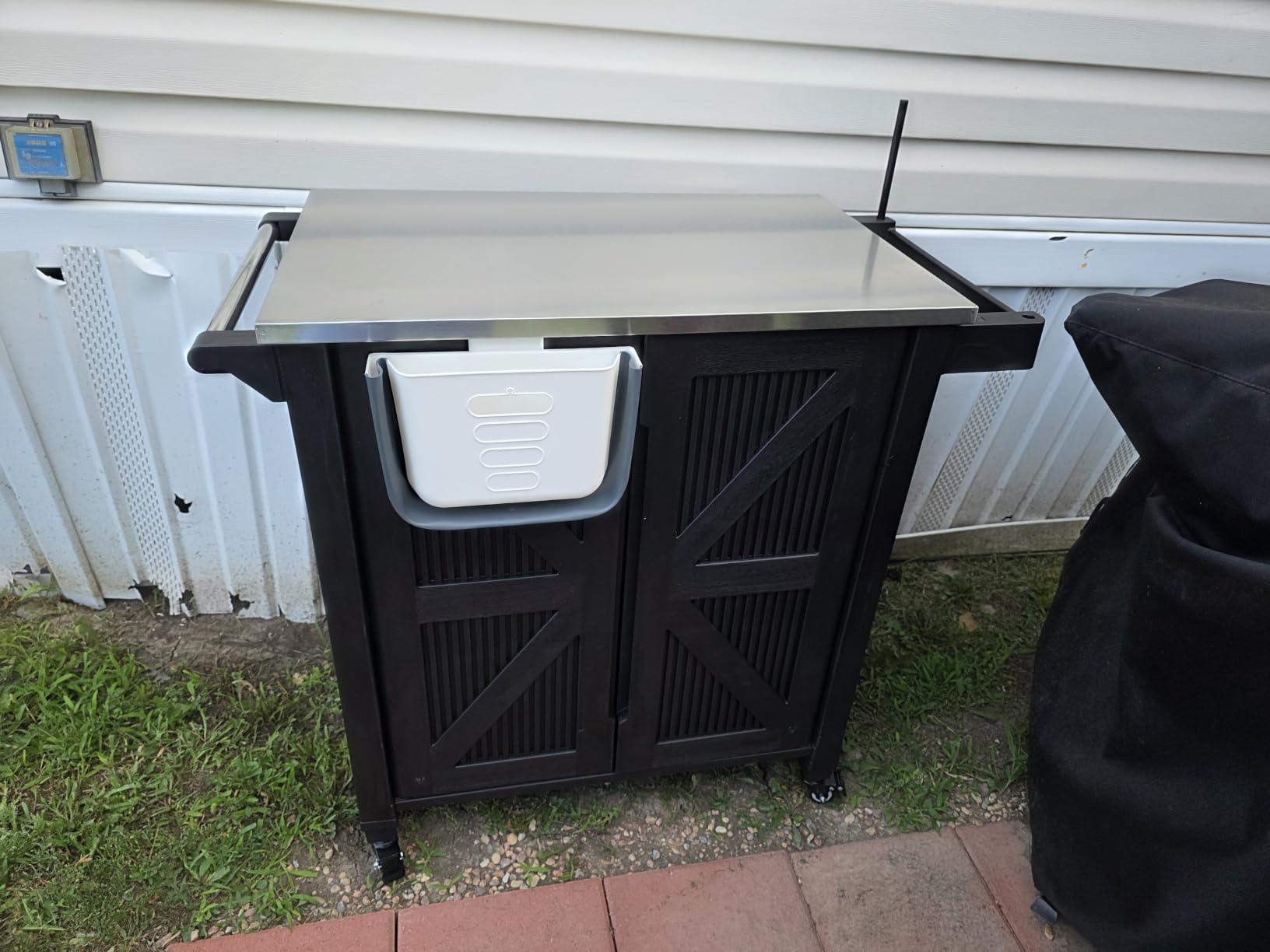 Outdoor Grill Cart with Stainless Steel Top, Outdoor Kitchen Island BBQ Prep Table, 2-Tier Storage Cabinet, Rolling Utility Station with Hanging Trash Bin, Wheels, Side Shelf for Patio, Yard, Picnic customer photo 1