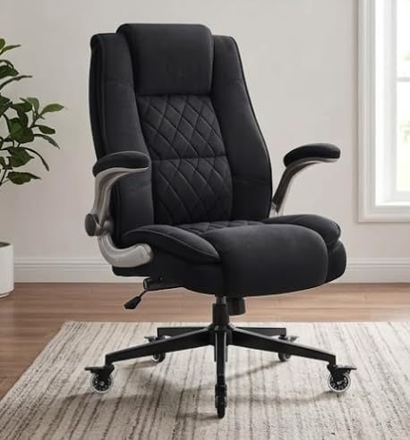 Fabric High Back Office Chair, Thick Padded Ergonomic Computer Desk Chair | Lockable Quiet Casters, Adjustable Lumbar Support & Flip-Up Arms, 400LBS Capacity, Wide Executive Chair for Back Pain customer photo 1