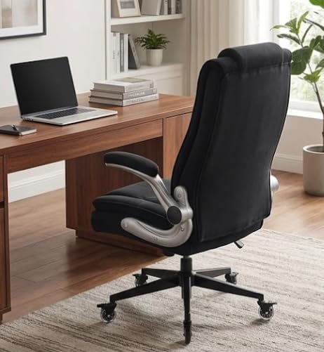 Fabric High Back Office Chair, Thick Padded Ergonomic Computer Desk Chair | Lockable Quiet Casters, Adjustable Lumbar Support & Flip-Up Arms, 400LBS Capacity, Wide Executive Chair for Back Pain customer photo 2