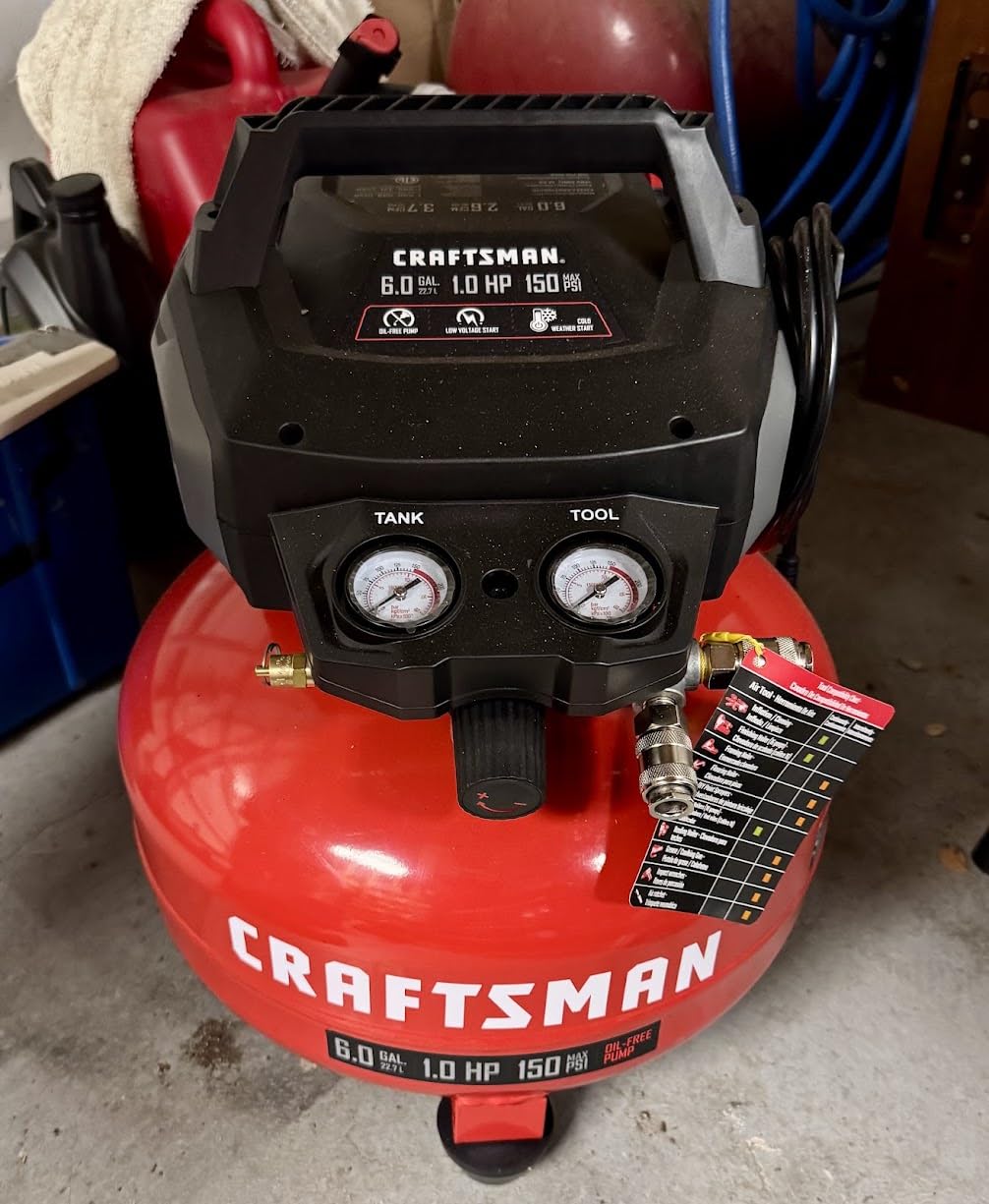 CRAFTSMAN 6 Gallon Pancake Air Compressor, Oil-Free, 150 PSI Kit, 2.6 SCFM @ 90 PSI, 18GA Brad Nailer and 10-Piece Kit for DIY Projects customer photo 2