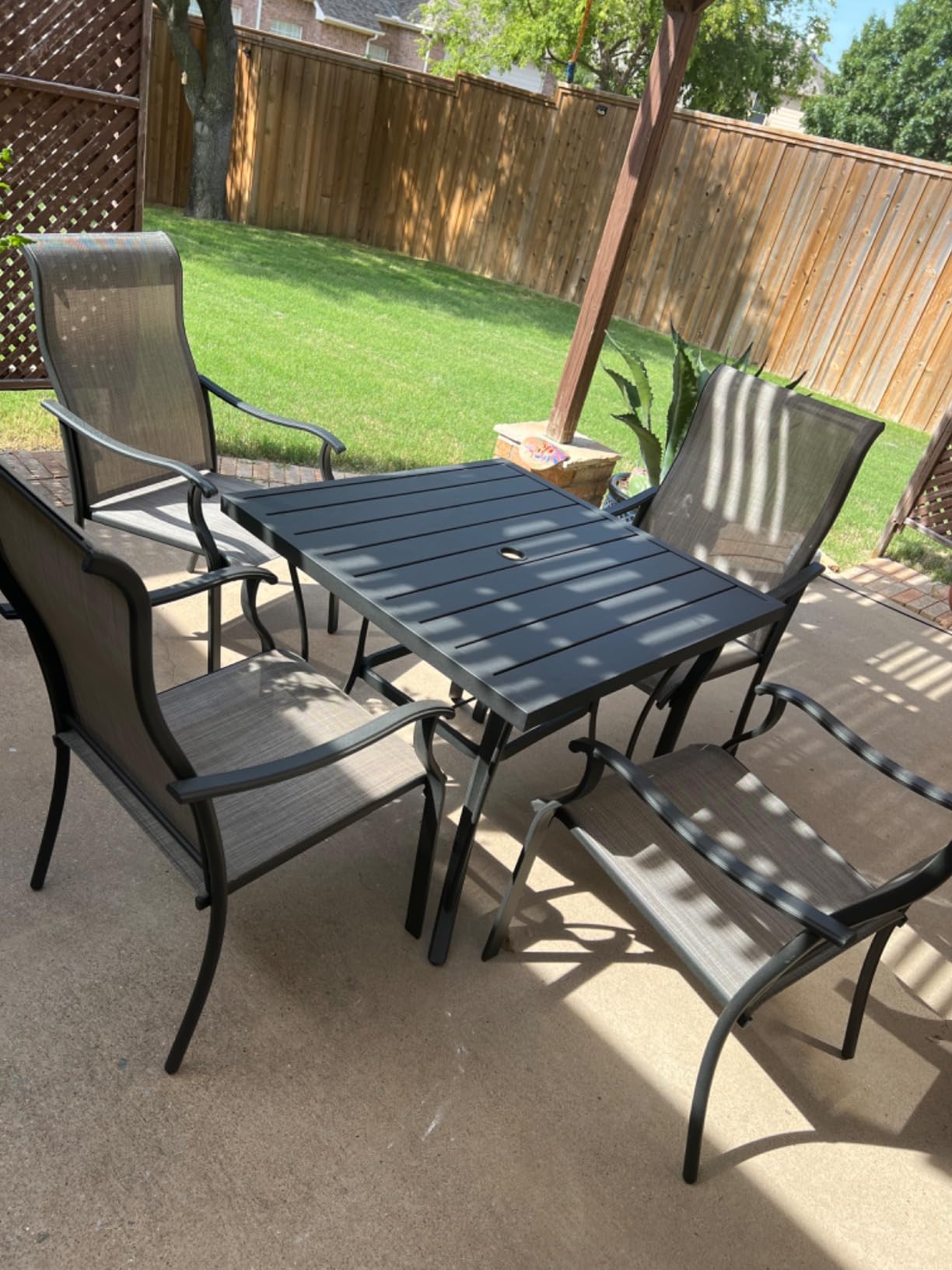 HAPPATIO Outdoor Patio Dining Set, 6 Quick Dry Textilene Dining Chairs and Dining Table with Umbrella Hole, Stackable Textilene Chairs for Garden, Patio and Poolside Backyard, Grey customer photo 1