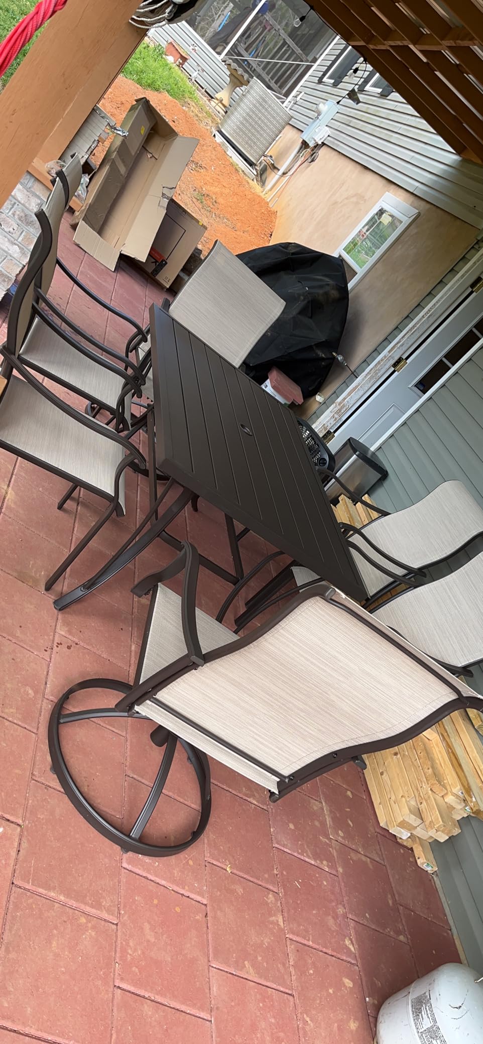 HAPPATIO Outdoor Patio Dining Set, 6 Quick Dry Textilene Dining Chairs and Dining Table with Umbrella Hole, Stackable Textilene Chairs for Garden, Patio and Poolside Backyard, Grey customer photo 2