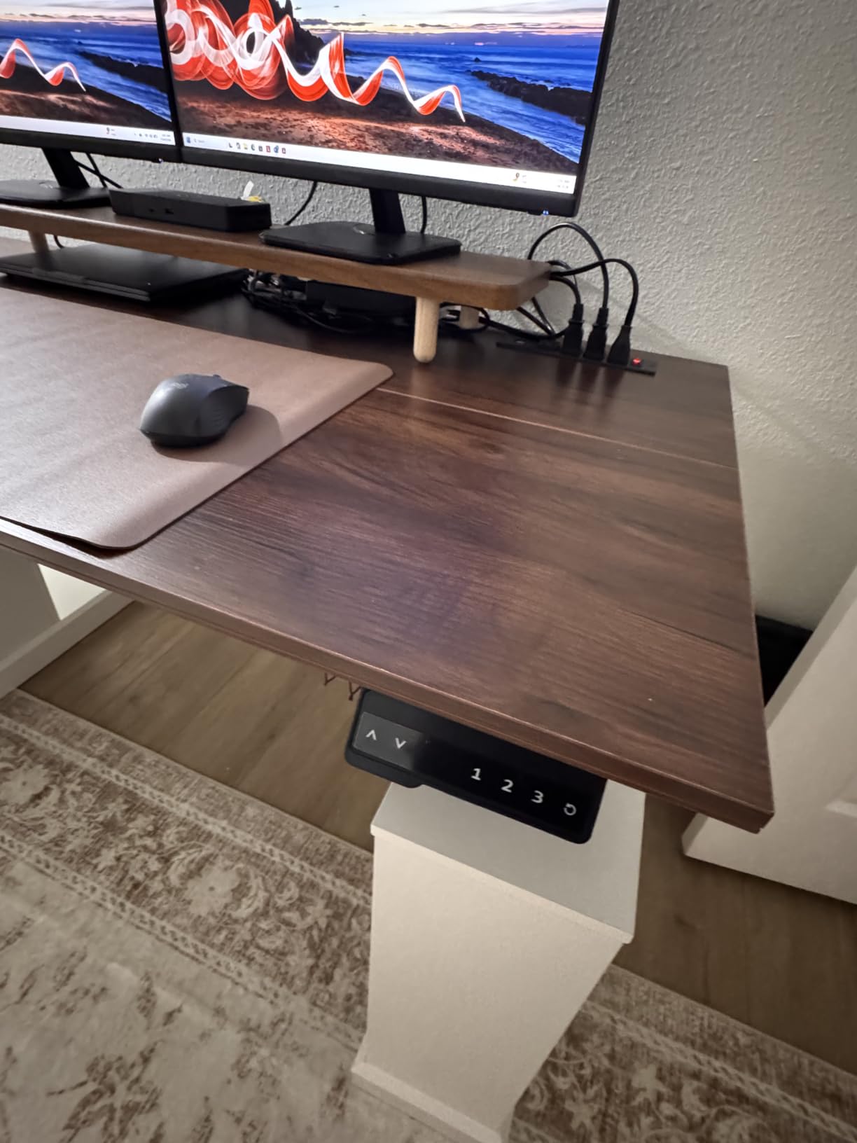 SEDETA 98.4'' Standing Two Person Desk with 3 Drawers, Storage Cabinet | Farmhouse Long Computer Desk, Electric Height Adjustable 2 Person Desk with Power Outlets for Home Office, Black+Brown customer photo 1