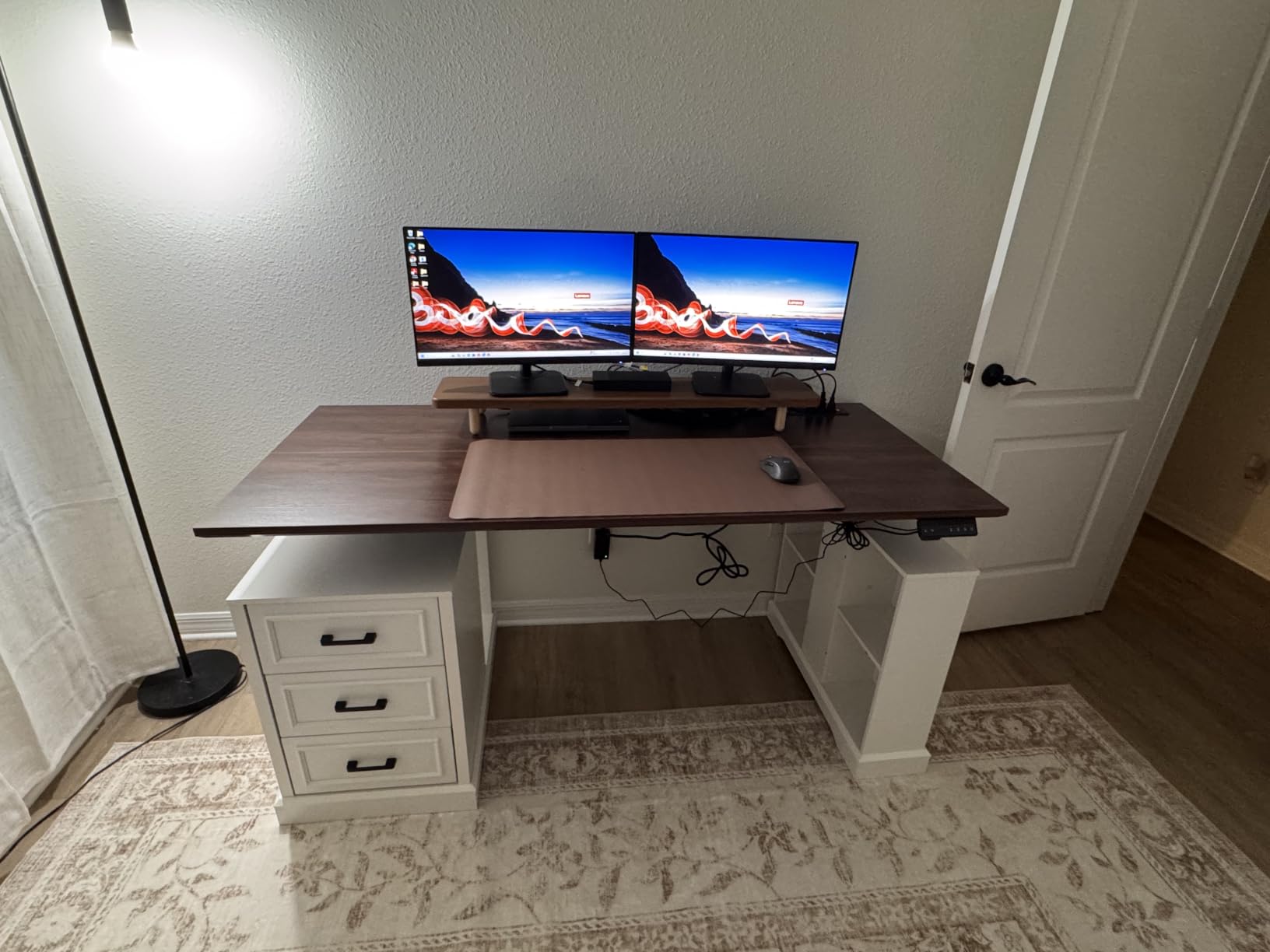 SEDETA 98.4'' Standing Two Person Desk with 3 Drawers, Storage Cabinet | Farmhouse Long Computer Desk, Electric Height Adjustable 2 Person Desk with Power Outlets for Home Office, Black+Brown customer photo 2