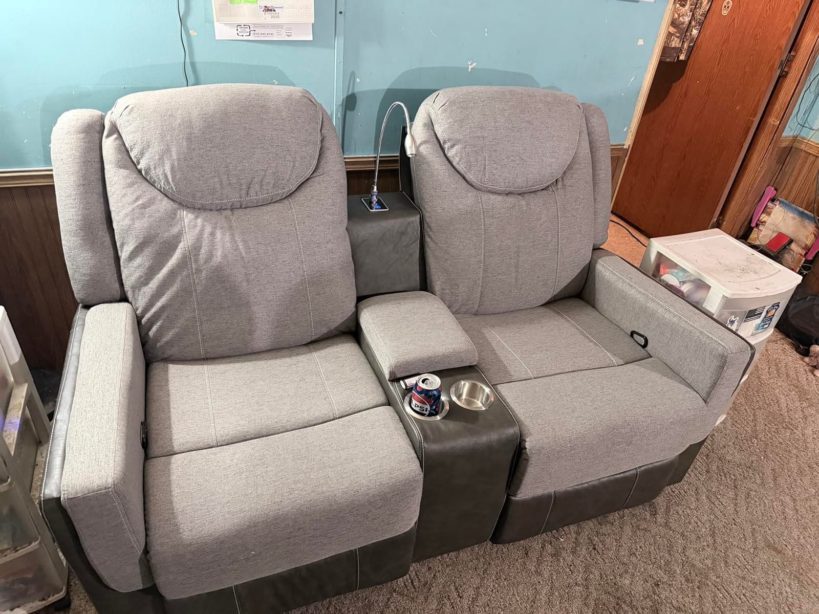 Dresegmt New Home Theater Seating, Manual Recliner Sectional Sofa for Living Room, 5 Seater Reclining Sectional Couch with Flip-Up Backrest, Storage Console, USB Ports, Grey Linen & Chocolate Leather customer photo 1