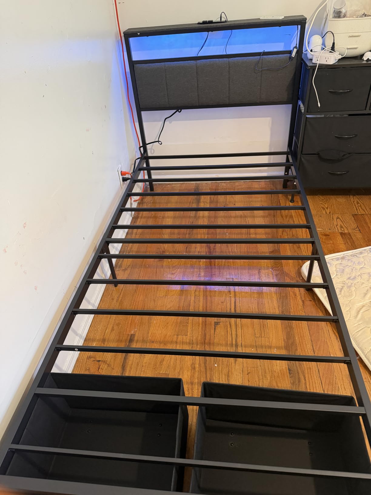 Queen Bed Frame with 2 Storage Drawers, Grey Upholstered customer photo 1